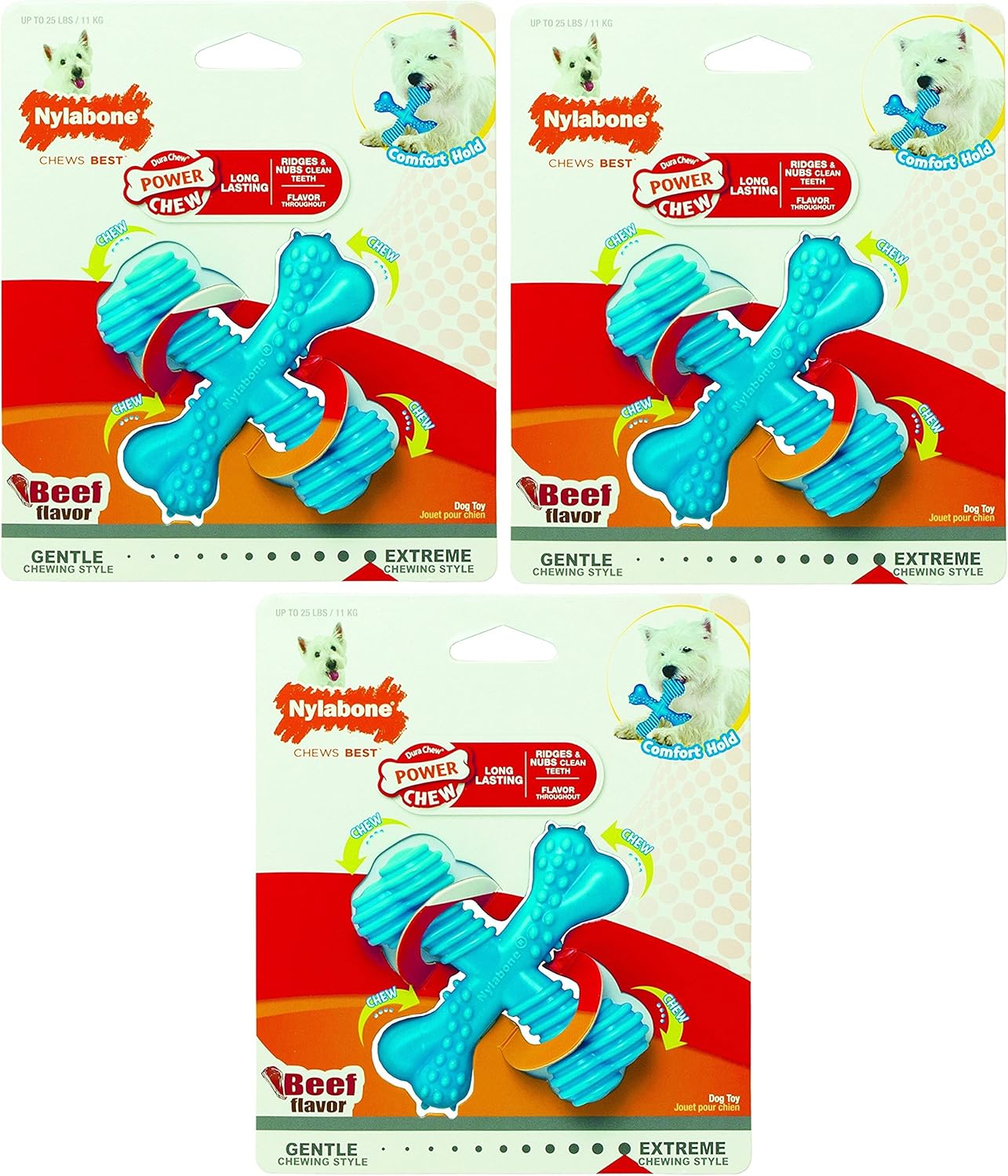 Nylabone 3 Pack of Power Chew X Bones, Regular, Beef Flavor Toys for Dogs Up to 25 Pounds