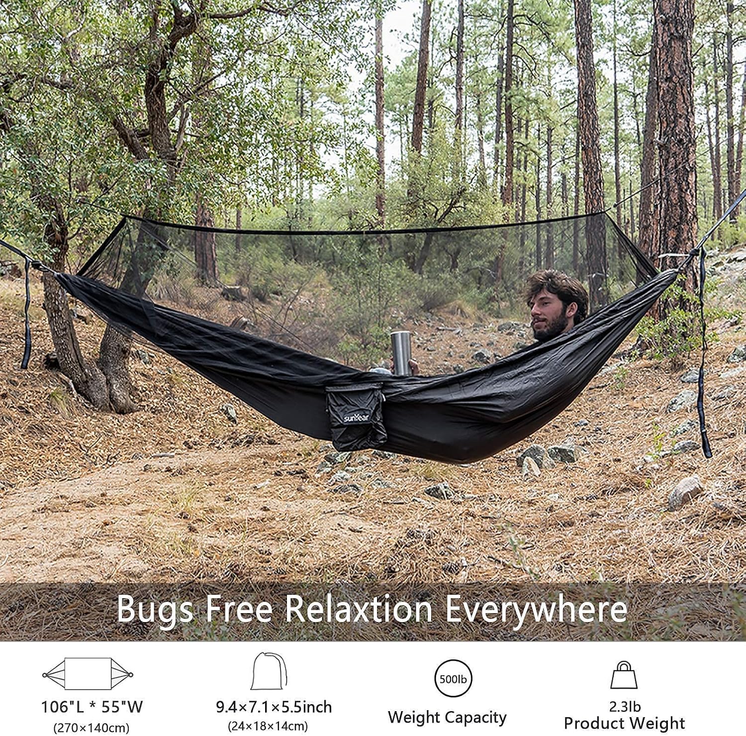 Sunyear Camping Hammock with Bug Net & Sunyear Hammock Rain Fly Tent Tarp Provides Effective Protection Against Rain