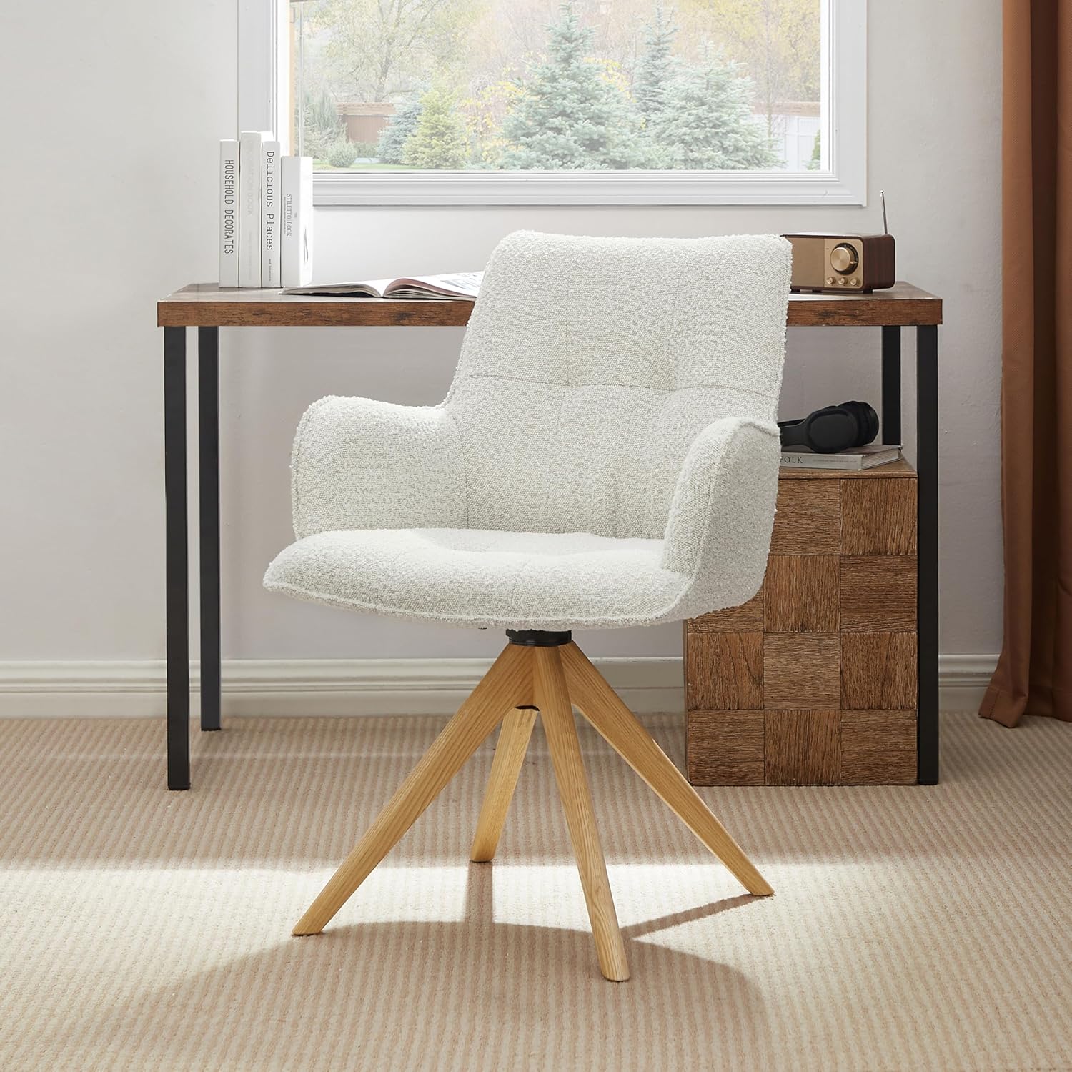 Zouron Swivel Desk Chair No Wheels, Upholstered Office Chair with Oak Wood Legs, Modern Accent Armchair for Small Space, Bedroom, Living Room, Home Office, Off White