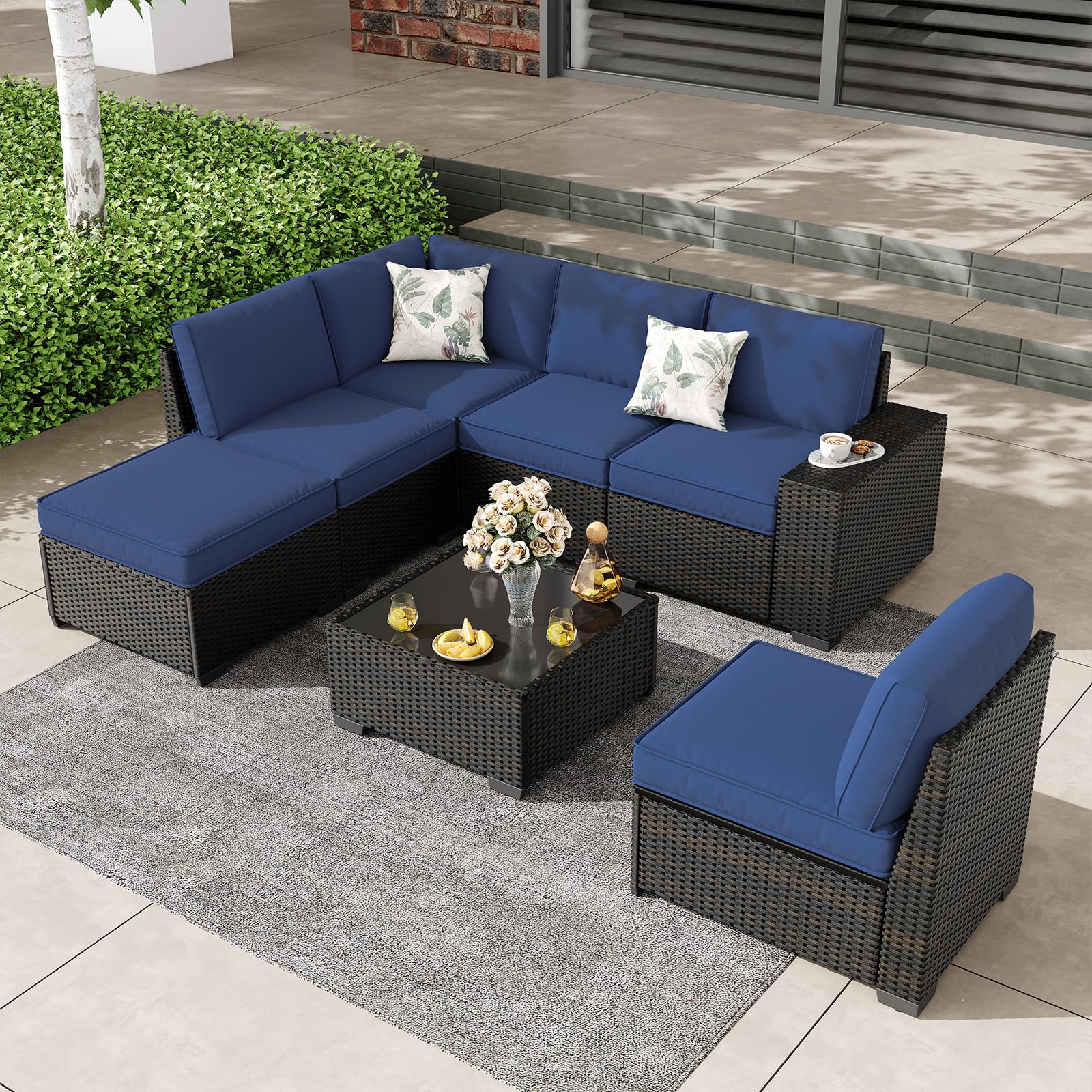 SunloungeCo 7 Pieces Outdoor Patio Furniture Set, Wicker Conversation Sets with Tea Table, Rattan Patio Sofa with Thick Cushions for Garden, Backyard