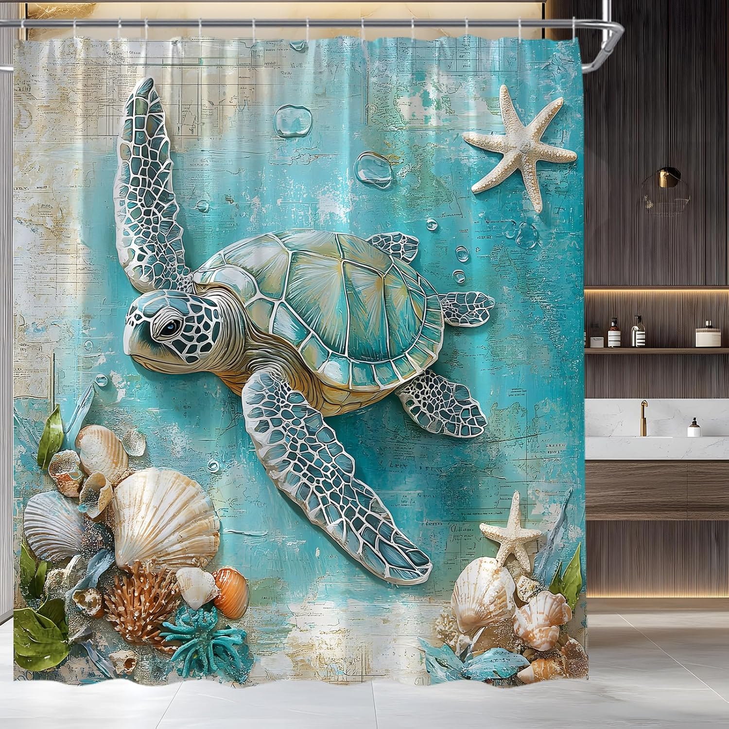 Sea Turtle Shower Curtain Nautical Coastal Ocean Beach Starfish Seashell Home Fabric Bathroom Decor Set Include Hooks,(70" Wx74.8 H)