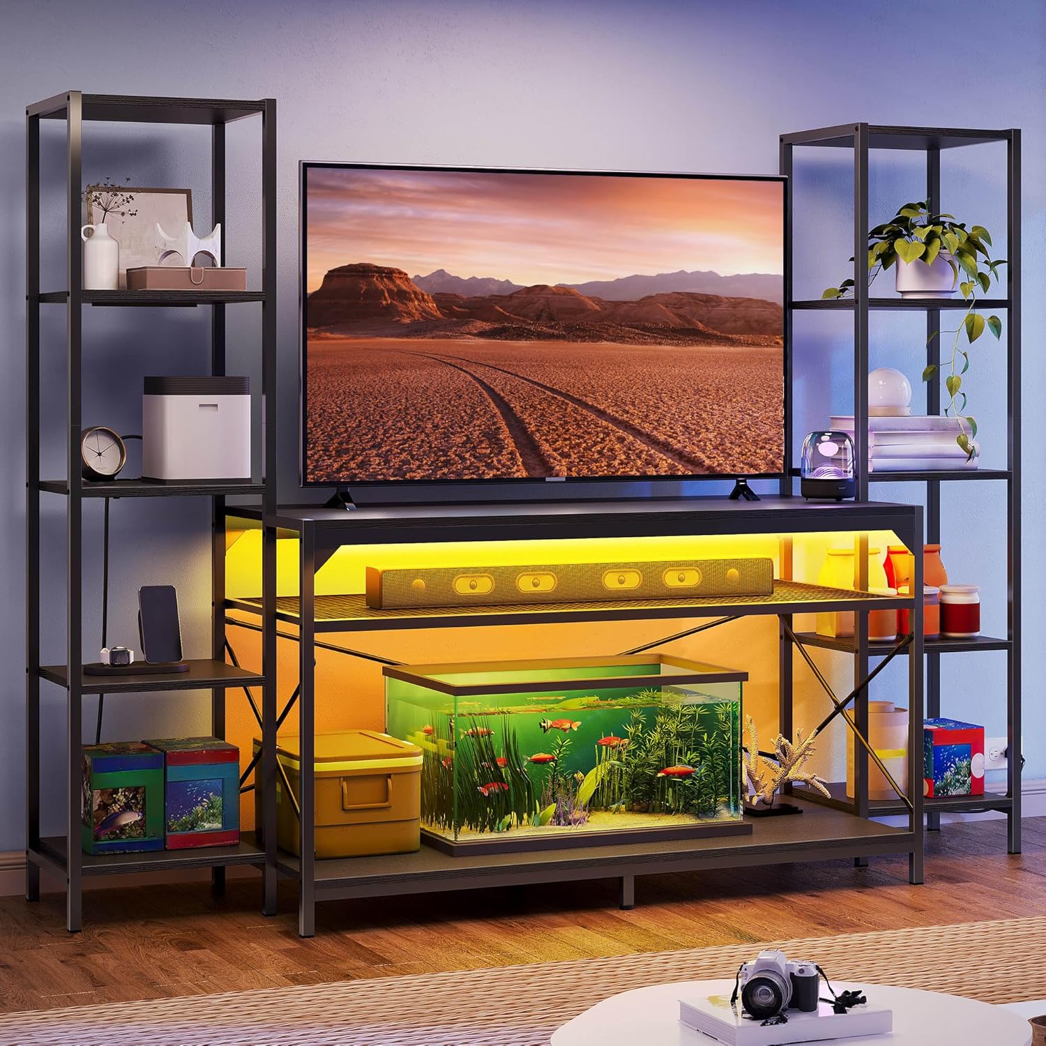 YITAHOME Farmhouse TV Stand for 50/55/60 Inch with Power Outlet & LED Light, Wooden TV Media Console w Storage Display Shelves for 860lbs, Rustic Entertainment Center Table TV Cabinet for Living Room