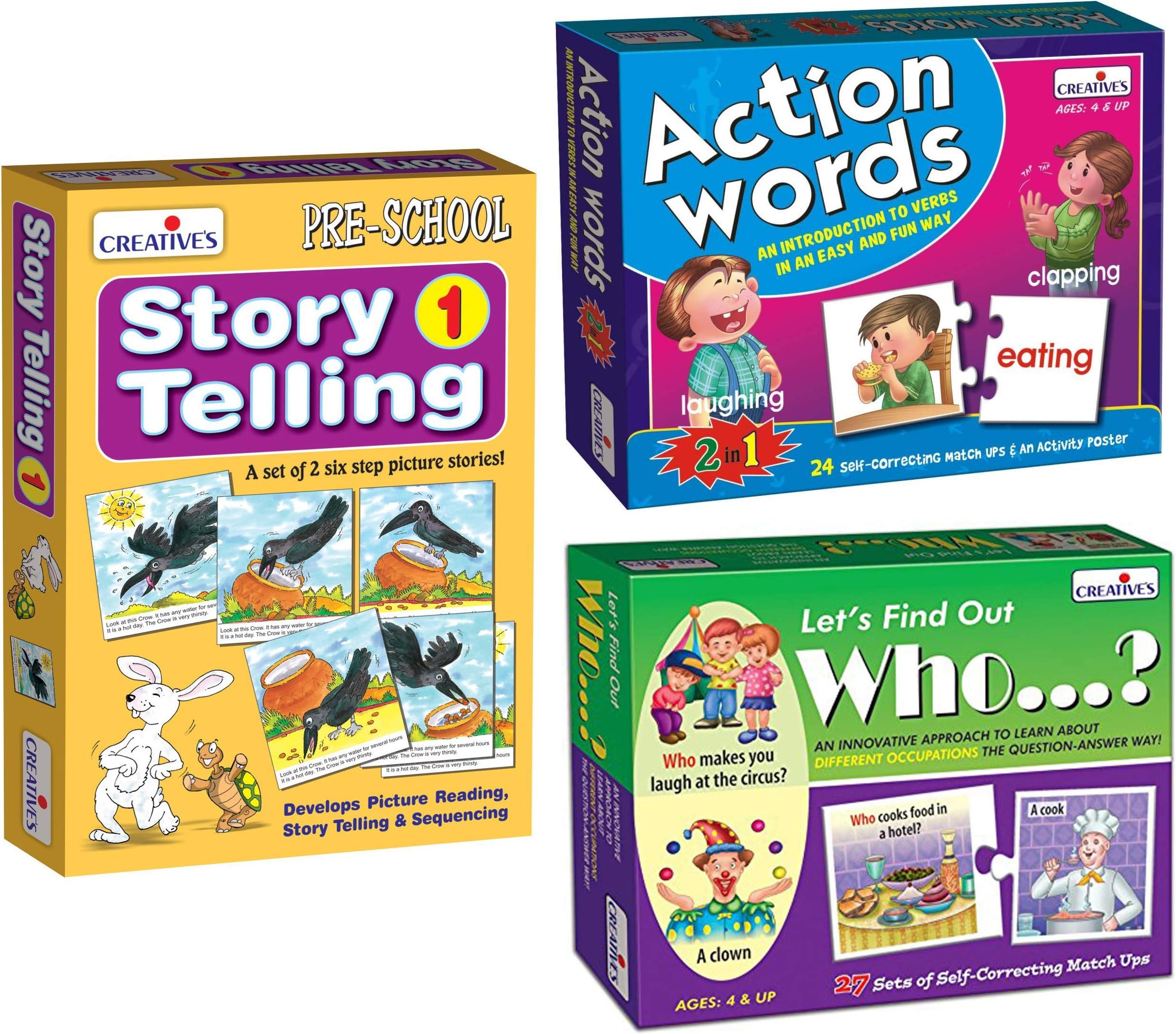 Creative Educational Aids P. Ltd. - CRE0997 Let's Find Out Who Puzzle (Multi-Color, 54 Pieces) & CRE0642 Action Words Puzzle & CRE0612 Story Telling - 1 Card Game (Multi-Color, 12 Pieces),for Kids