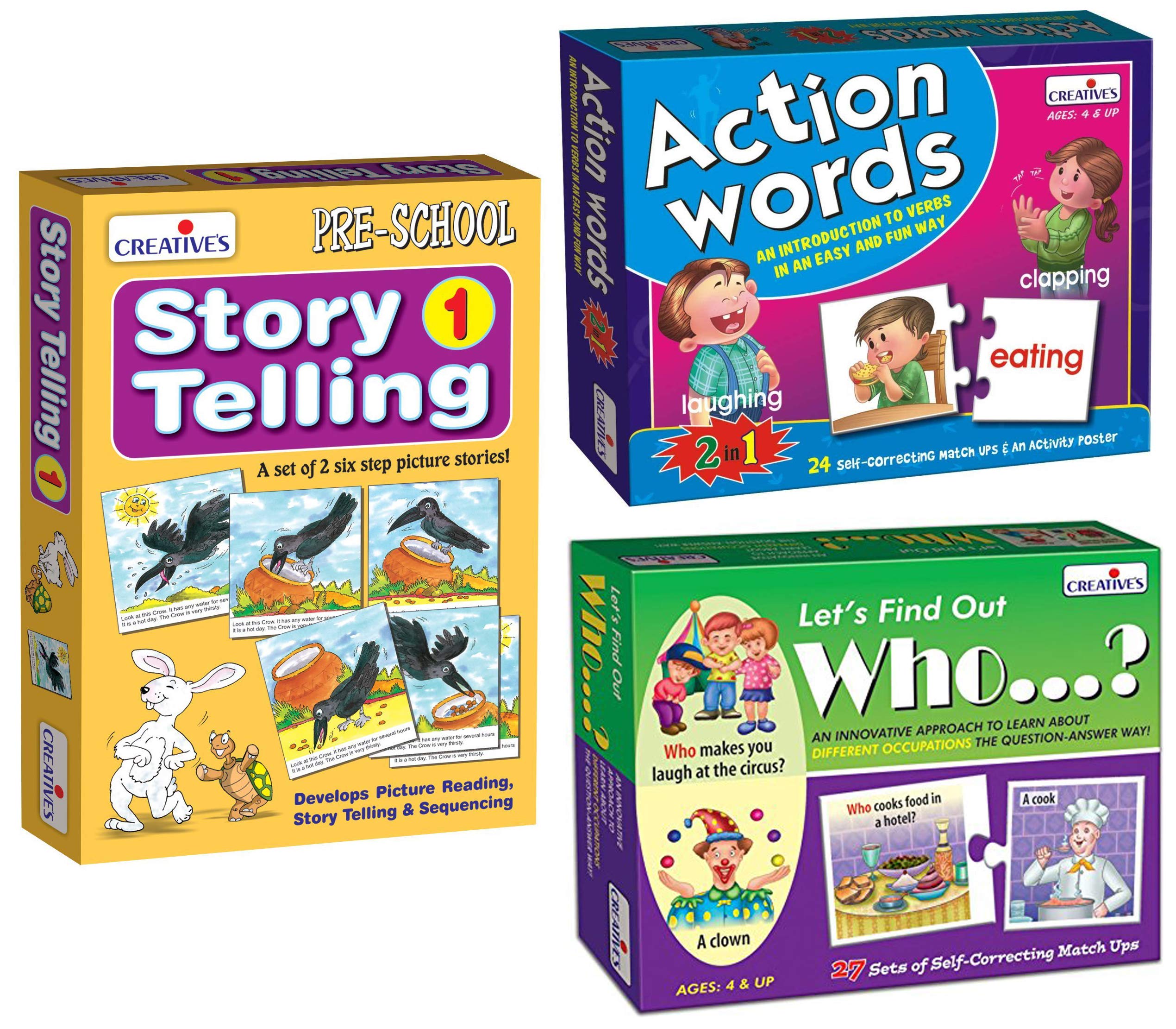 Creative Educational Aids P. Ltd. - CRE0997 Let's Find Out Who Puzzle (Multi-Color, 54 Pieces) & CRE0642 Action Words Puzzle & CRE0612 Story Telling - 1 Card Game (Multi-Color, 12 Pieces),for Kids