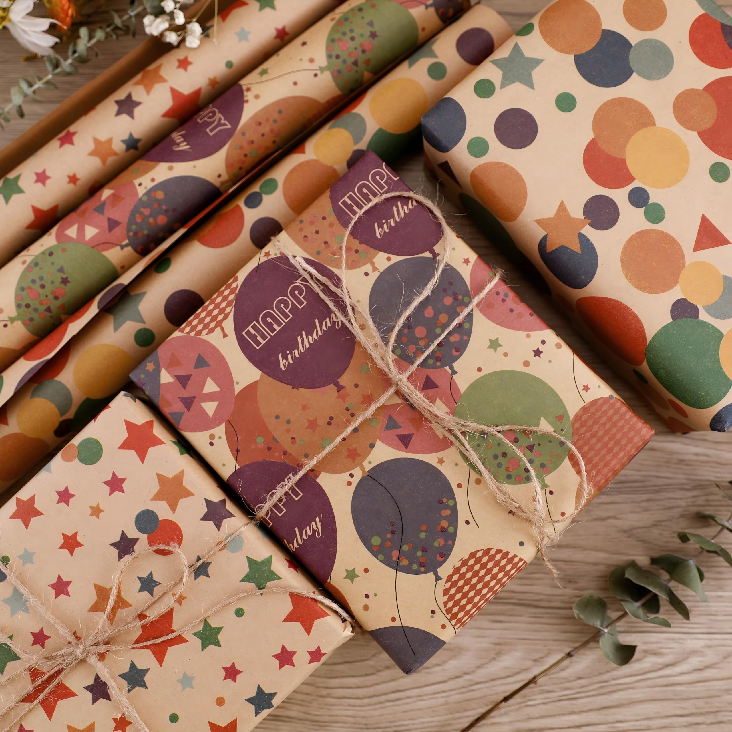 NESCCI Papel de regalo de cumpleaños, rollo de papel de regalo, papel de regalo kraft, 3 rollos de 17 pulgadas x 32.8 pies por rollo, colorido patrón de feliz cumpleaños para niños y niñas, perfecto