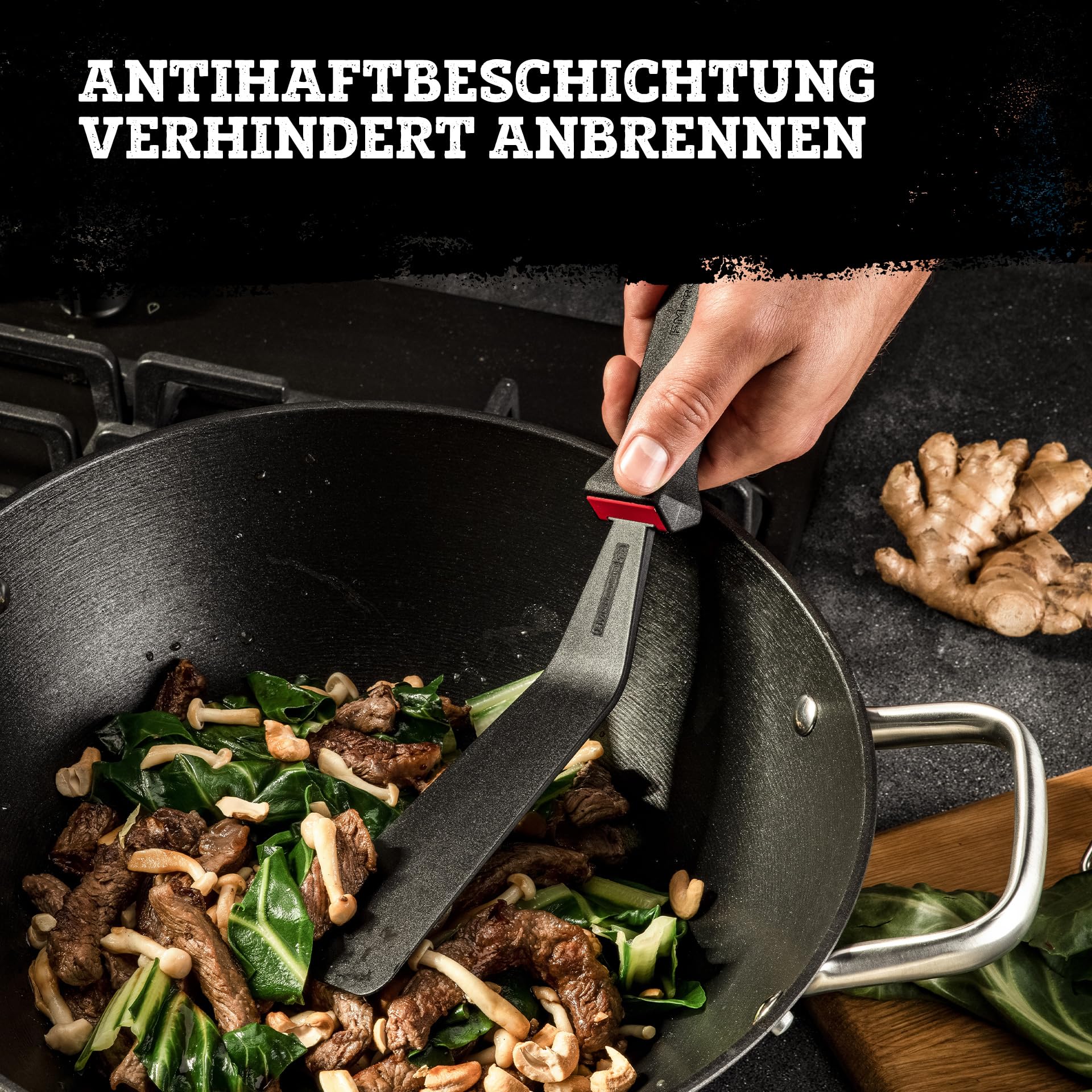 FMProfessional Force Wok aus Gusseisen 32 cm – Wokpfanne mit hochwertiger Antihaftbeschichtung – Geeignet für alle Herdarten (auch Induktion) – ca. 33 x 42,8 x 12 cm