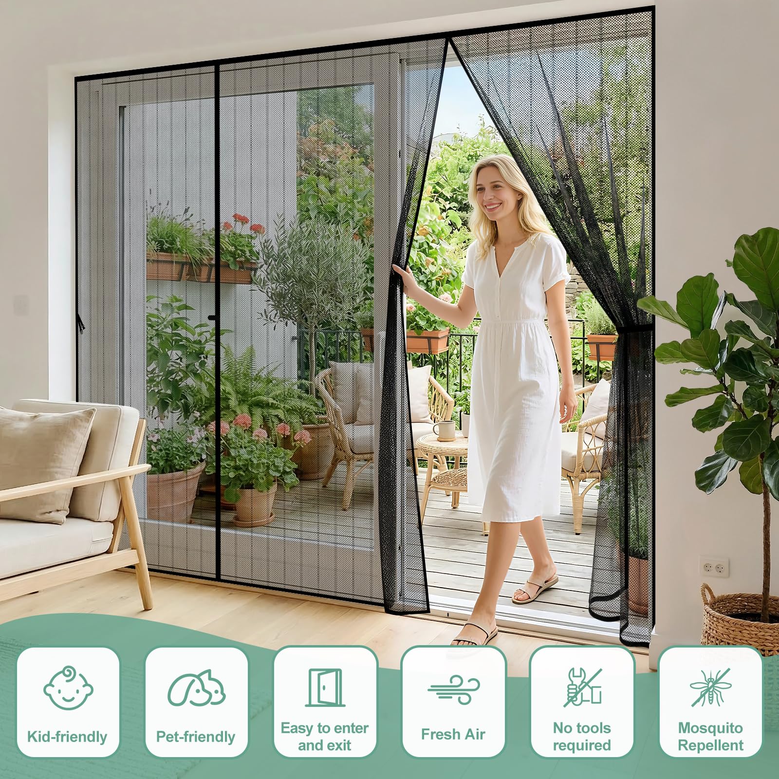 Mosquitera Puerta,190x212cm Mosquitera Puerta Magnetica Corredera Grandes,Doble Apertura Lateral,Automáticamente,Sin Necesidad de Taladrar,Contra Respirable,para Puertas Exteriores Balconera Terrazas