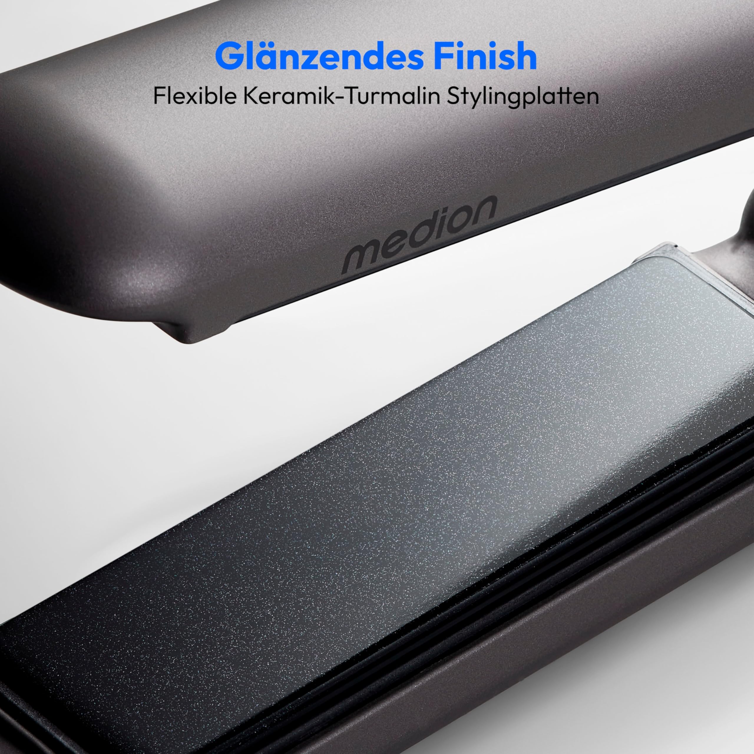 MEDION Glätteisen HS2 (kabellos, Display, 5 regelbare Hitzestufen, 165° bis 210°, breite flexible Keramik - Turmalin Heizplatten, Silikon Schutzhülle, Temperatursensor, Haarglätter) schwarz