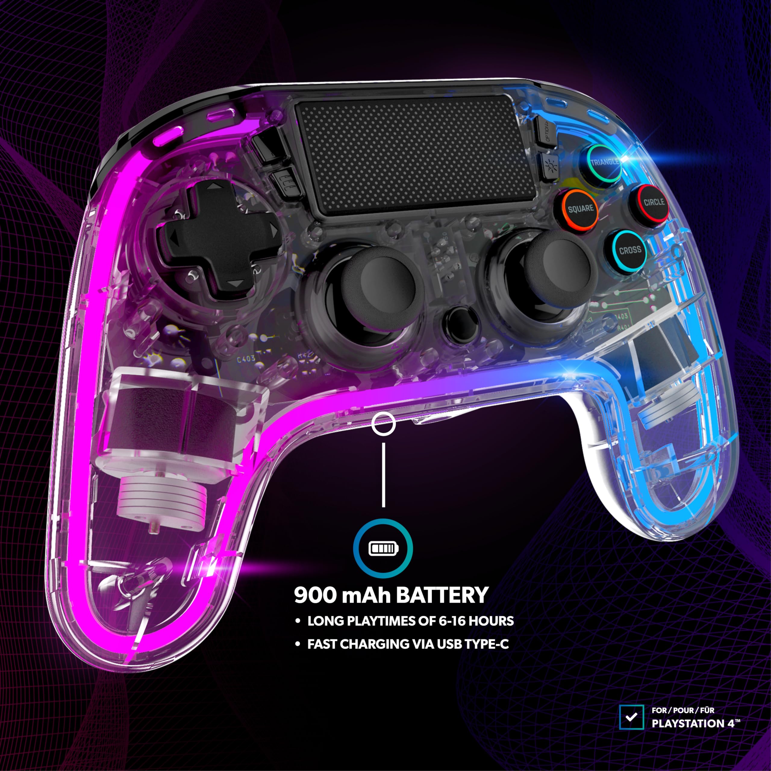 Snakebyte GAMEPAD RGB 4 - transparenter Wireless Controller für PlayStation 4, einstellbare RGB-Beleuchtung, starker Akku, belegbare Zusatztasten