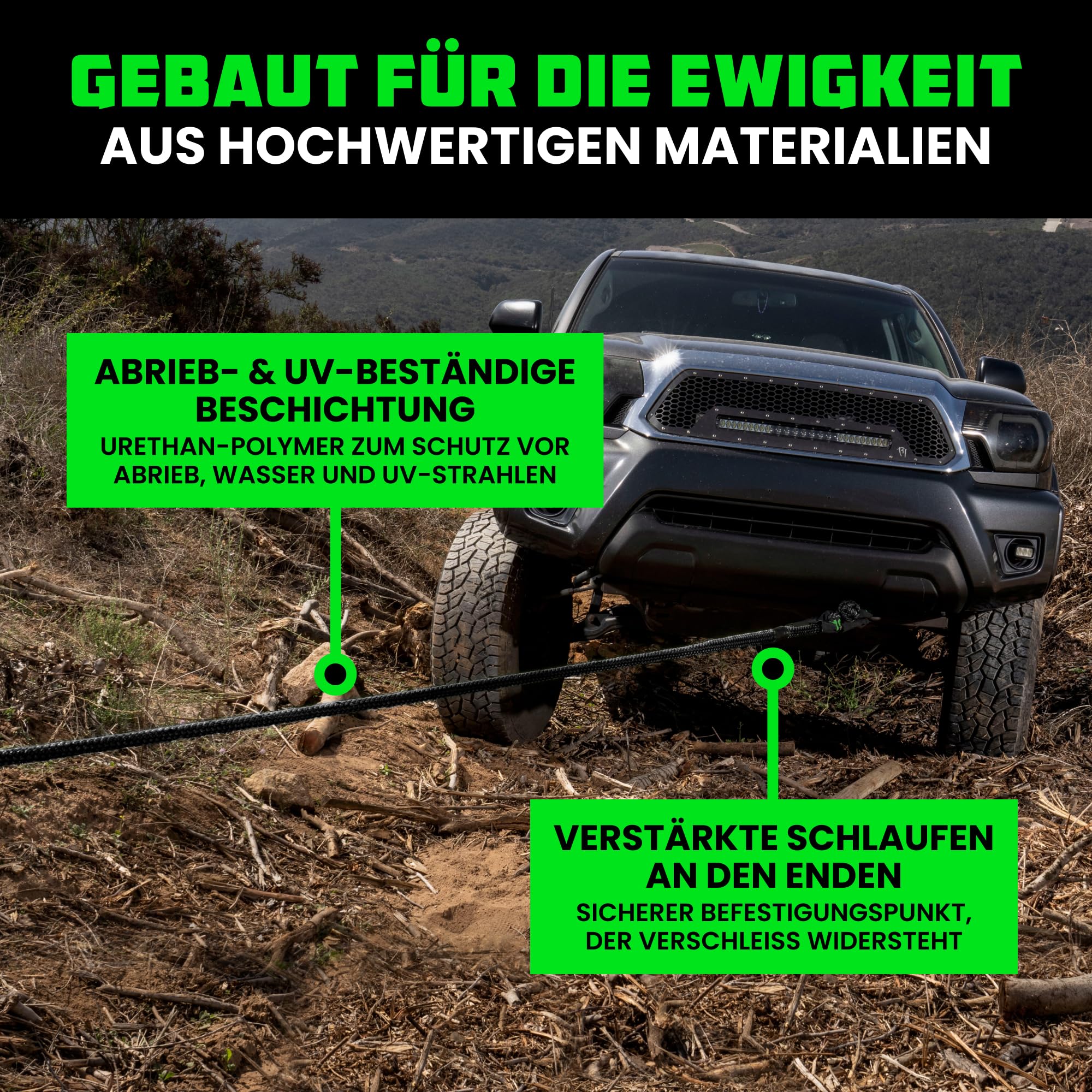 Rhino USA Kinetisches Seil Bergungssatz 13,000kg (2.2cm x 9m) - Schwerlast Offroad Schnappriemen - Abschleppseil elastisch Bergeseil - Set enthält 2 weiche Schäkel für LKW Auto Traktor - Schwarz