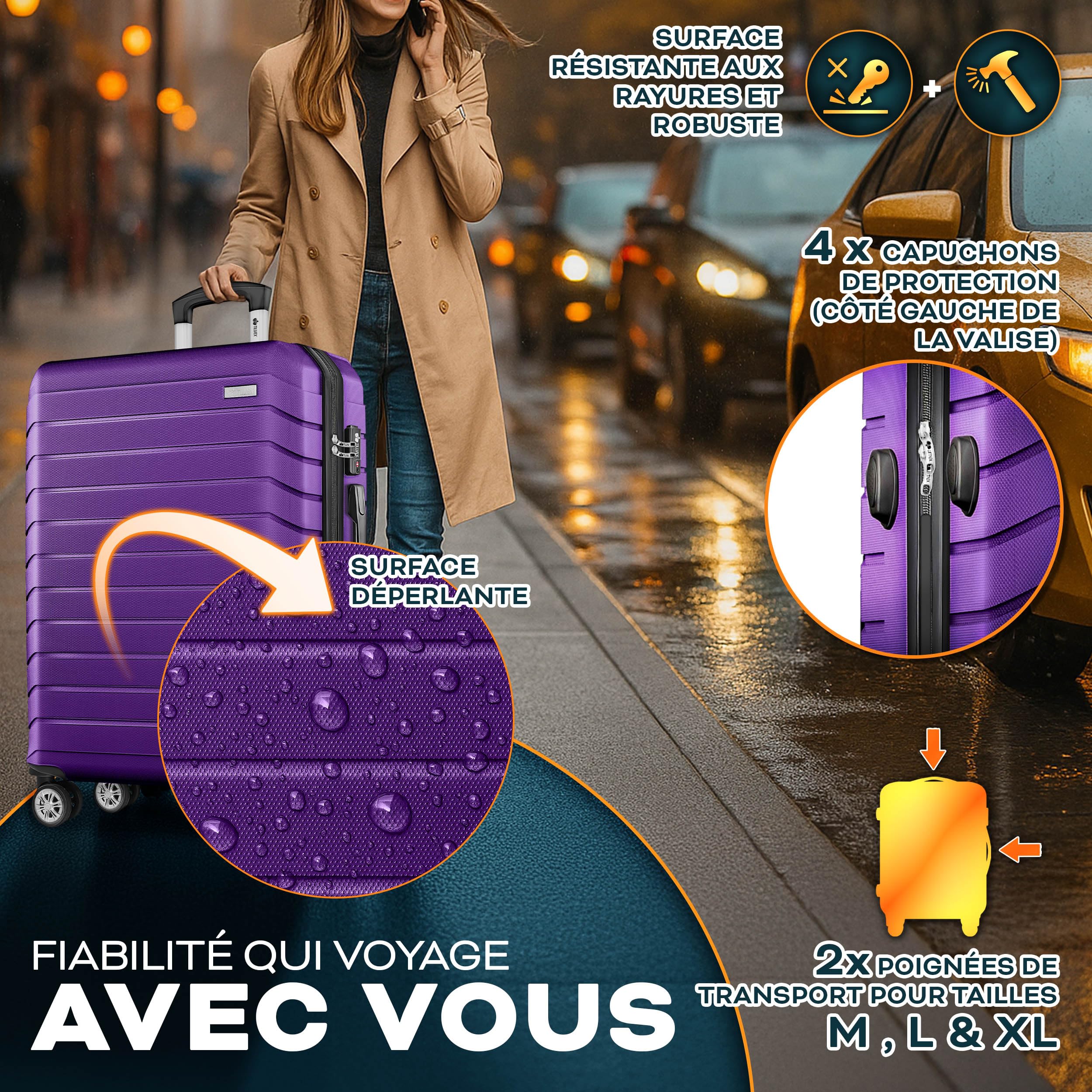 tillvex® Set de 3 Valises de Voyage + Balance, 3 Sangles à Bagages et 3 étiquettes à Bagages | Lot de valises avec roulettes et TSA Lock | Sacs de Voyage à Coque Rigide M-L-XL (Violet)