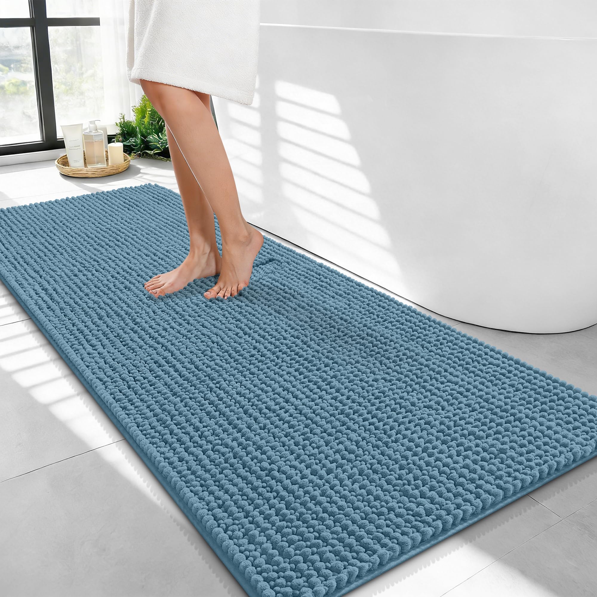OLANLY Thick Chenille Bathroom Runner Rugs Mats 44x24, Airy Blue