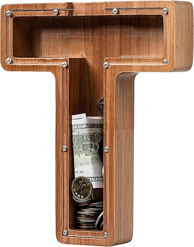 Alcancía para niños y niñas, alcancía de madera con letra grande del alfabeto con inicial T, banco de monedas, regalos divertidos para cumpleaños,