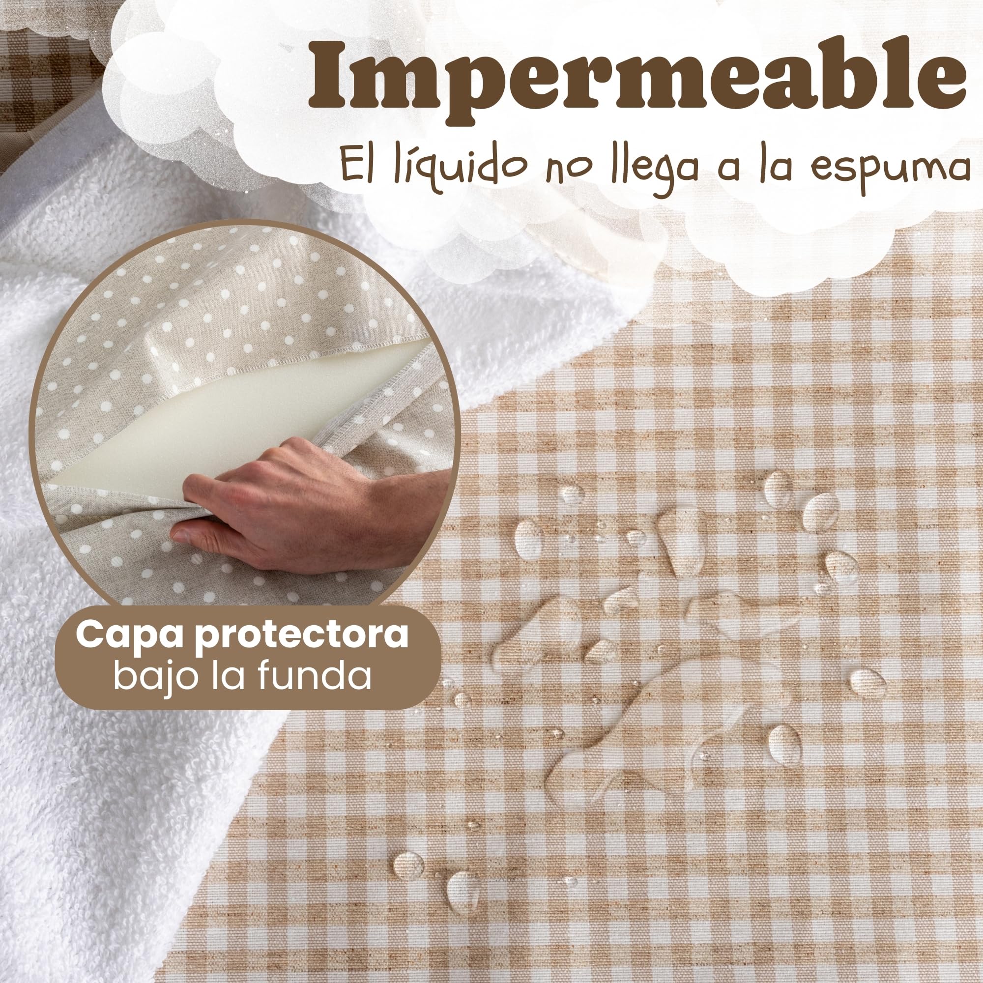 Funny Baby | Colchoneta Cambiador Bebé Impermeable 53x80 cm – Espuma Acolchada con Bordes Elevados, Funda Lavable y Toalla de Rizo – Cambiador para Cómoda Diseño Vichy Lino