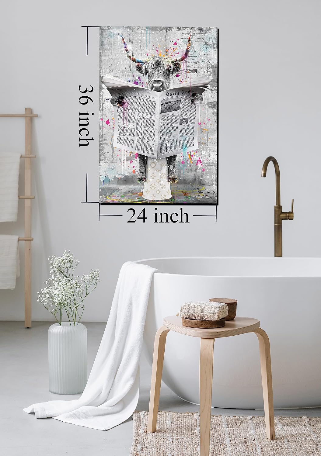 GUGIKA Highland Cow Canvas Wall Art for Bathroom, Funny Graffiti Bison Bedoom Wall Decor, Black and White Print for Boys room, Restroom Picture, Large Size 24x36 Inches