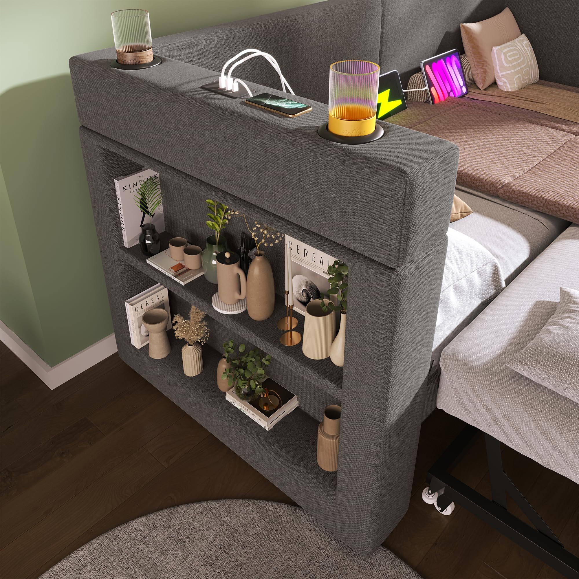 Multifunktions Daybett Jugendbett 90x200 cm Ausziehbett mit USB-Type-C & USB Ladeanschlüssen und Getränkehalter, Kinderbett, Polsterbett, Klappbett Gästebett, Grau (Ohne Matratze)