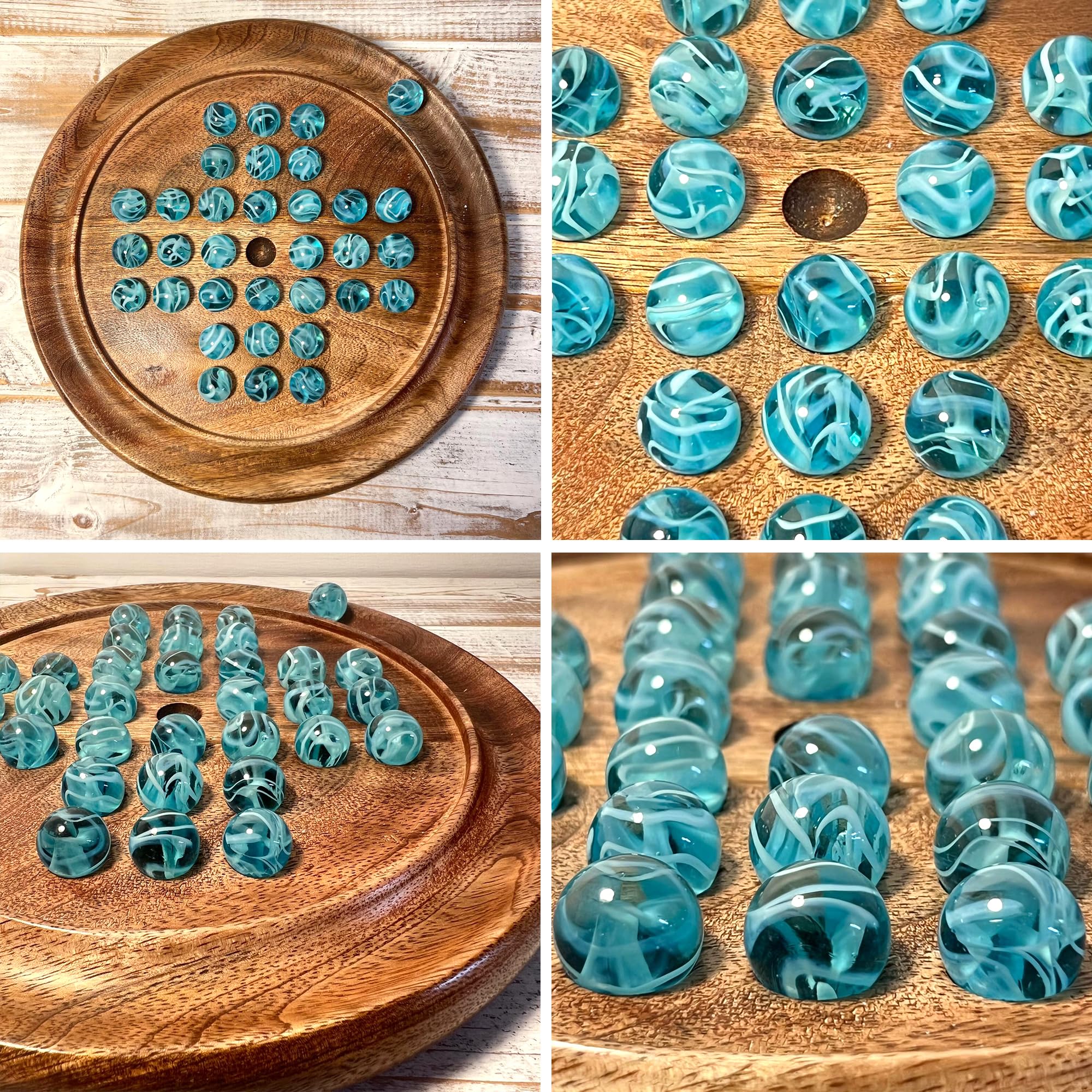 Solitaire - Jeu de société en bois de 22 cm de diamètre - À partir de 10 ans - Avec marbre bleu brillant en verre à oxygène - Jeu de solitaire classique en bois - Jeu de stratégie - Jeu de société