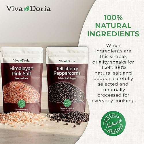 Miniatura 4 de Viva Doria Tellicherry Peppercorn (pimienta negra entera) 12 oz y sal rosa del Himalaya (grano grueso) 2 lb para recambios de molinillo