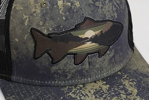 Vista 3 de Paramount Outdoors Sunset Trout Fishing Hat Mountain Fish Silhouette Performance Outdoor Hat with Comfort Snapback Negro