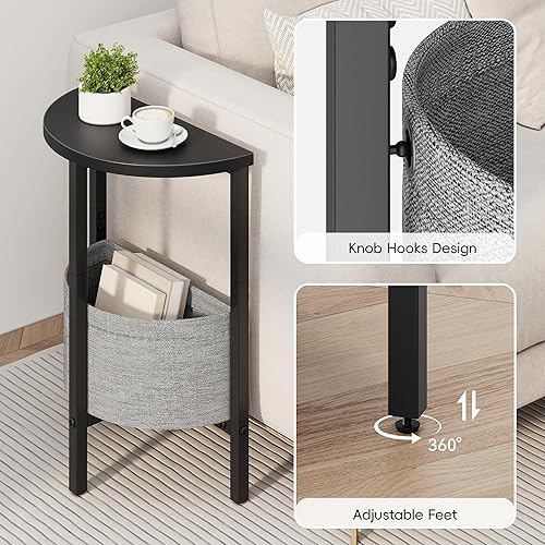 Miniatura 6 de Vagusicc Mesa auxiliar redonda pequeña, mesa auxiliar alta con cesta de almacenamiento, juego de 2 mesas redondas de media luna, mesas de noche de