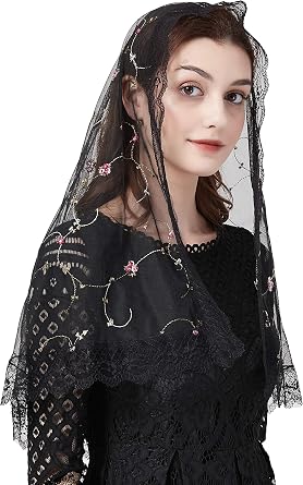 FANFAN Lace Rose Flower Mantilla Chapel Veil Catholic Shawl Wrap Y018