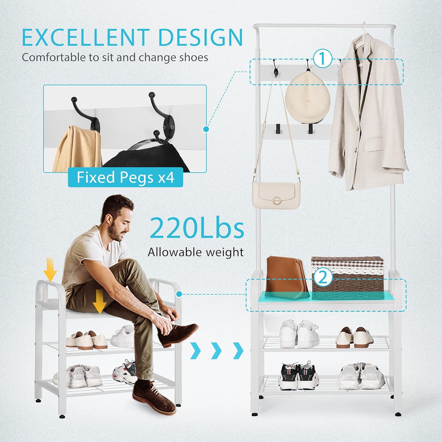 VIVOHOME 3-in-1 Entryway Hall Tree, Heavy Duty MDF Stand Coat Rack with Storage Bench and 8 Hooks, White : Home & Kitchen
