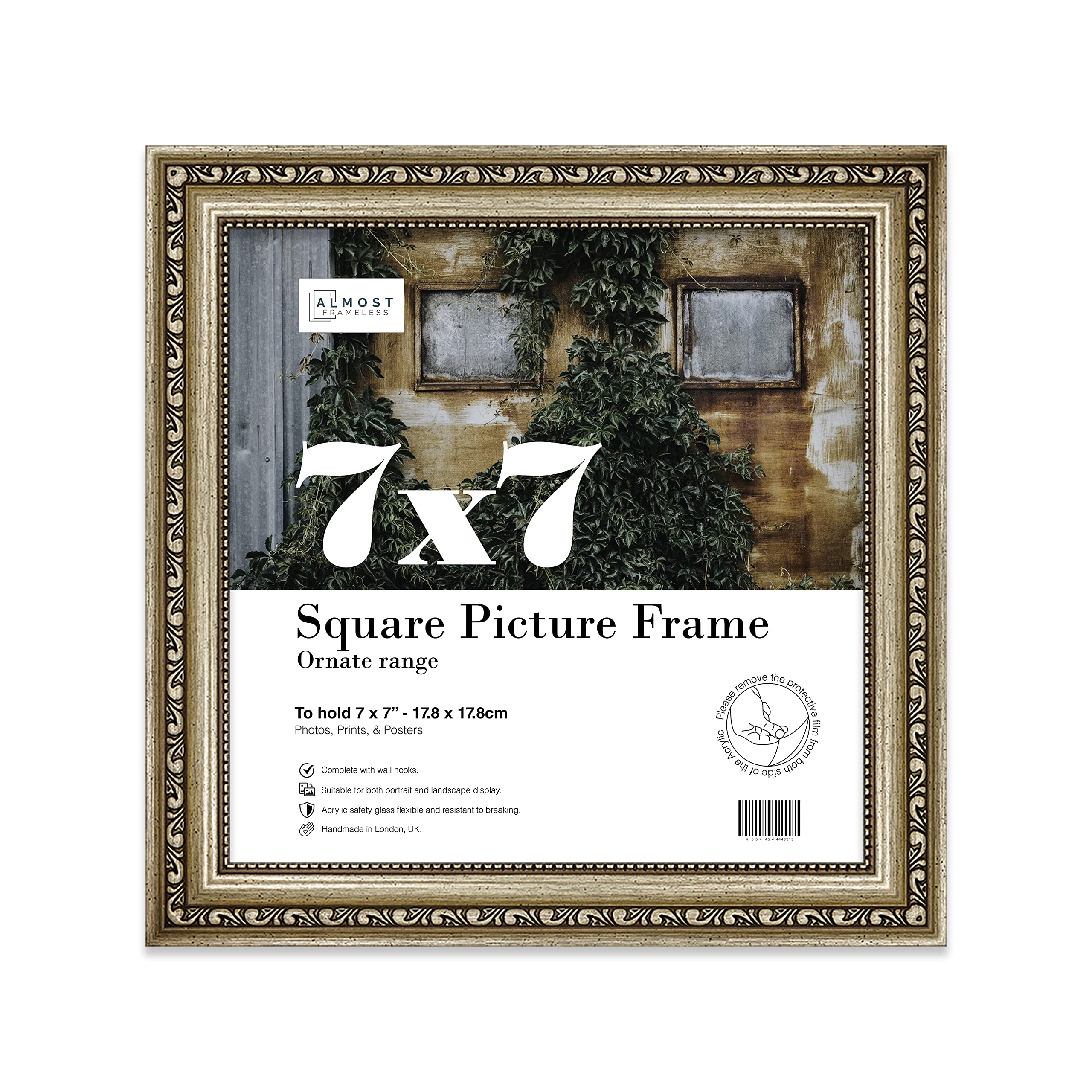 Almost Frameless 7x7 Champaign Ornate Picture Frame 7"x7" (17.8x17.8cm) Poster, Photo, Artwork, or Print. Shabby Chic Style Portrait and Landscape Display with Wall Hooks