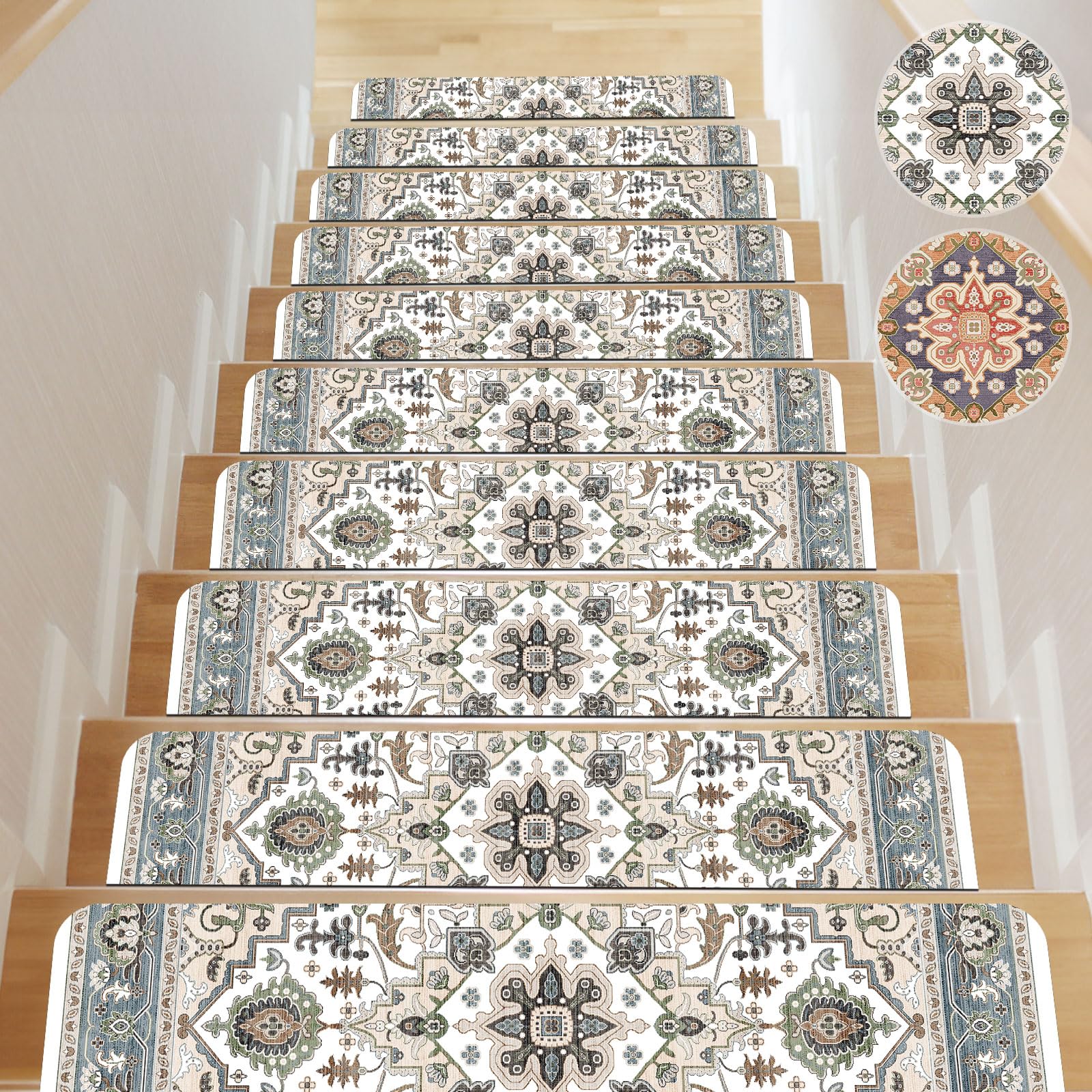 Stair Treads Staircase Non-Slip Carpet Mat 30inX8in Indoor Stair Rugs Stair Runners for Wooden Steps for Kids Elders and Pets Reusable Adhesive 15 PCS in Pack,Green & Beige