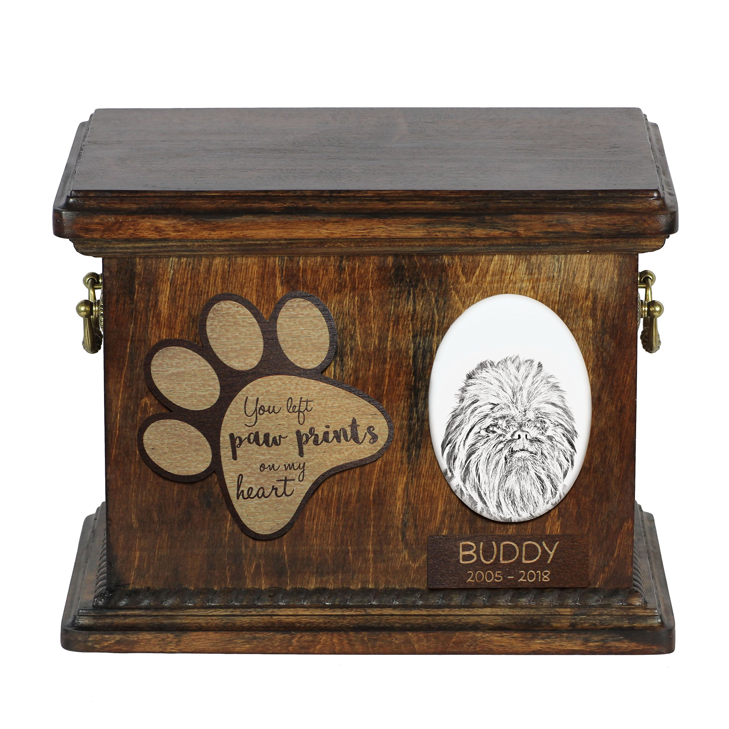 Art-Dog Custom Dog Memorial Urn - Handmade Cold Cast Bronze Portrait on Birch Base with Personalized Ceramic Plate - Elegant Dog Cremation Box – 8,3x11,4x8,7” – Affenpinscher — image 1