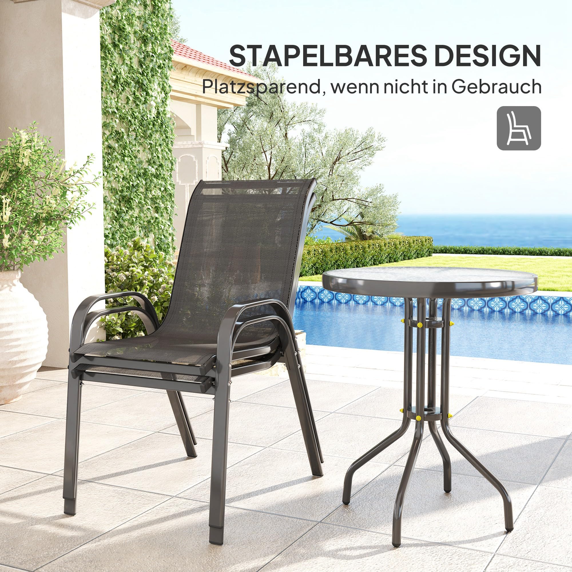 Outsunny Bistro-Set Garten-Set 3-teilig Wetterfest Glastisch Schwarz | Gartenmöbel, Stapelbare Gartenstühle, Balkonmöbel Set, Sitzgruppe, Balkonset, Gartengarnitur