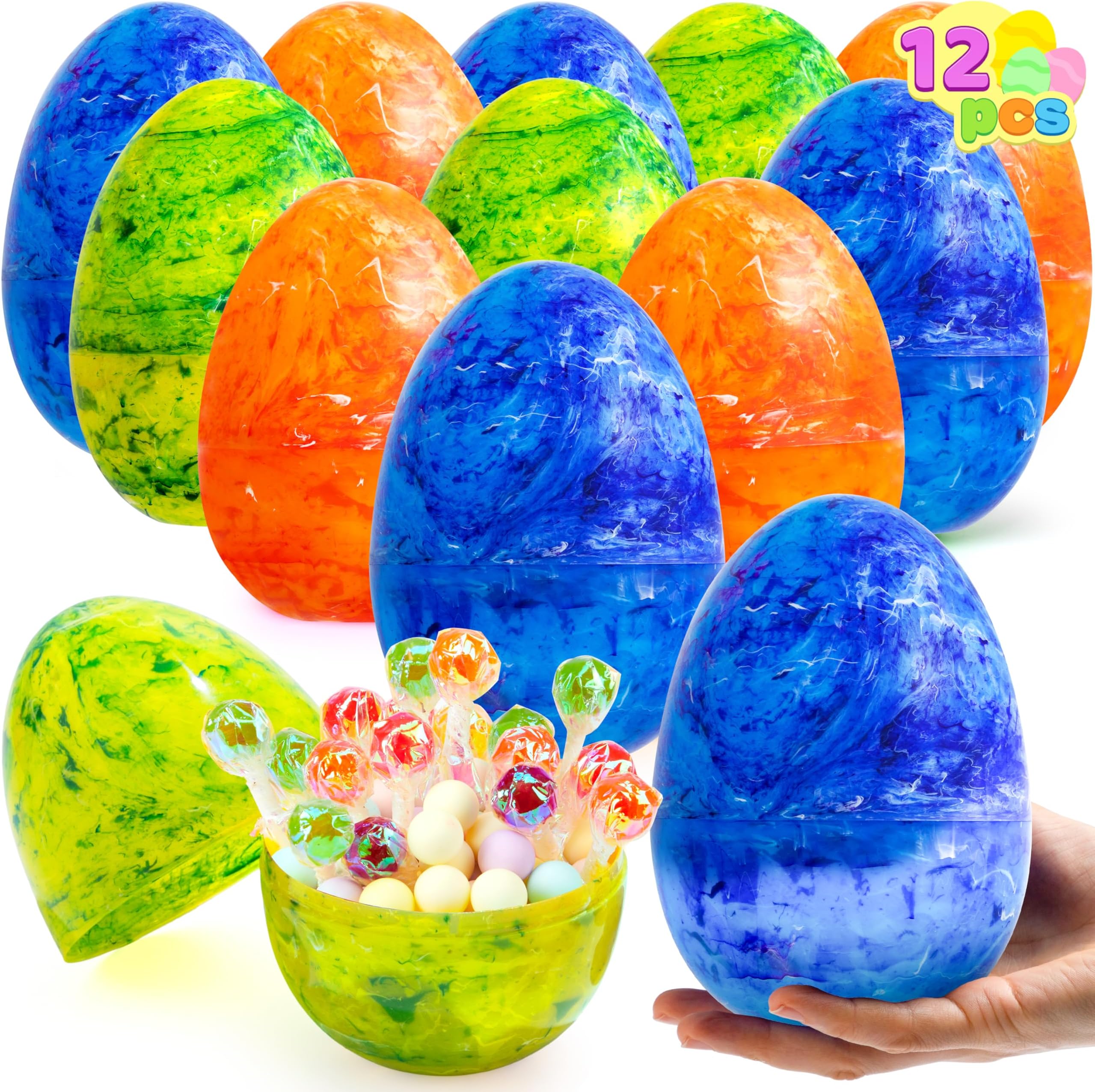 12 Pcs Large Marble Easter Eggs, 6 Inches Jumbo Plastic Eggs Fillable for Easter Themed Hunt Basket Stuffers Fillers Filling Treats Party Favor Classroom Prize Supplies