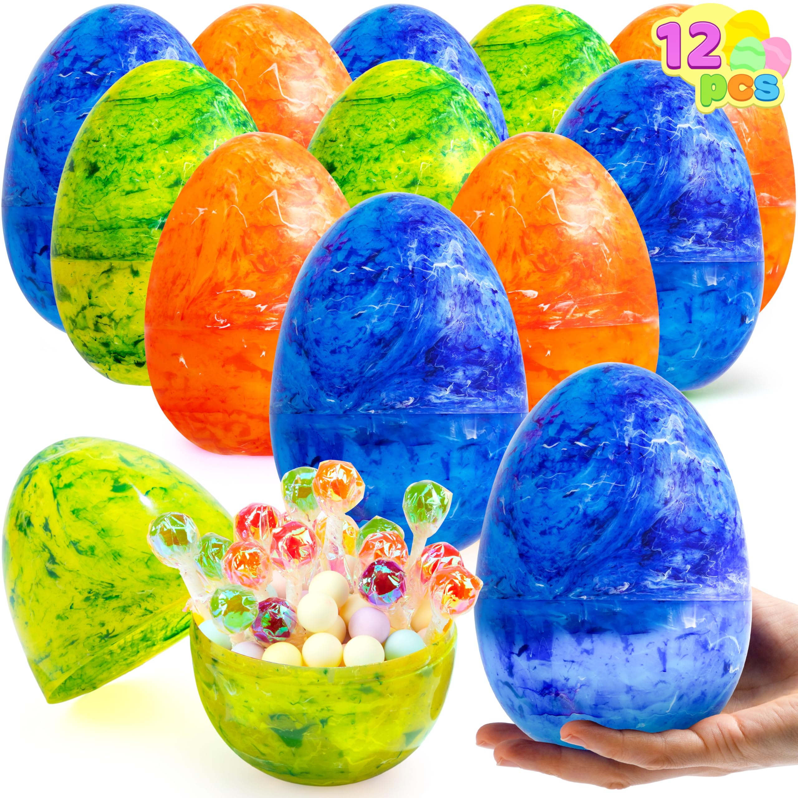12 Pcs Large Marble Easter Eggs, 6 Inches Jumbo Plastic Eggs Fillable for Easter Themed Hunt Basket Stuffers Fillers Filling Treats Party Favor Classroom Prize Supplies