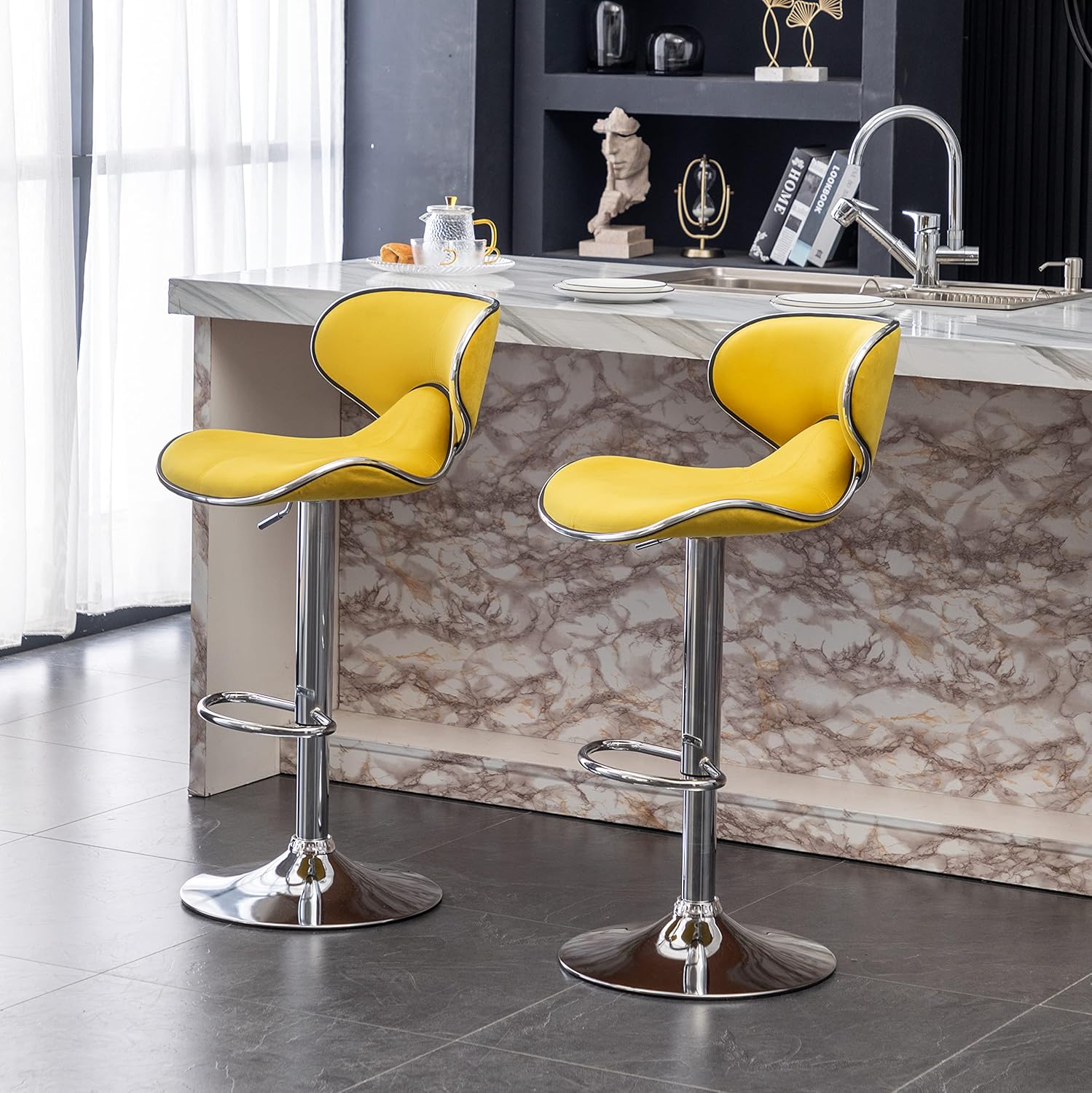Roundhill Furniture Masaccio Velvet Upholstered Adjustable Swivel Barstool, Set of 2, Yellow