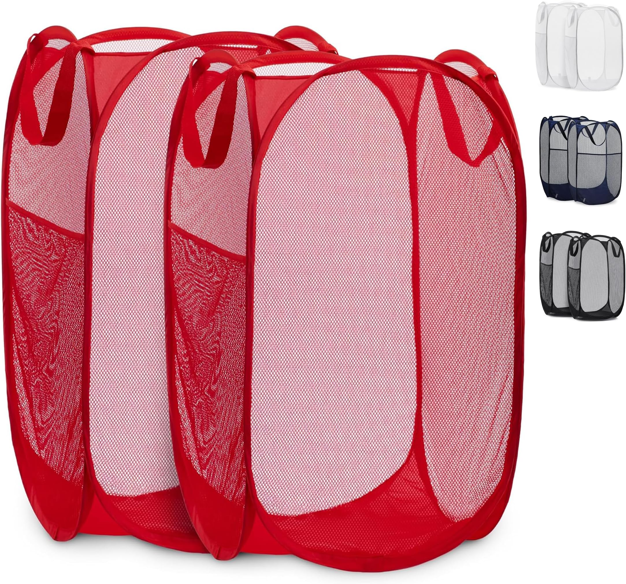 Handy Laundry Collapsible Mesh Pop Up Laundry Hamper 2-Pack โ Space-Saving, Breathable Basket with Wide Opening & Side Pocket, Durable & Foldable for Clothes, Storage, Travel, Dorm, Red