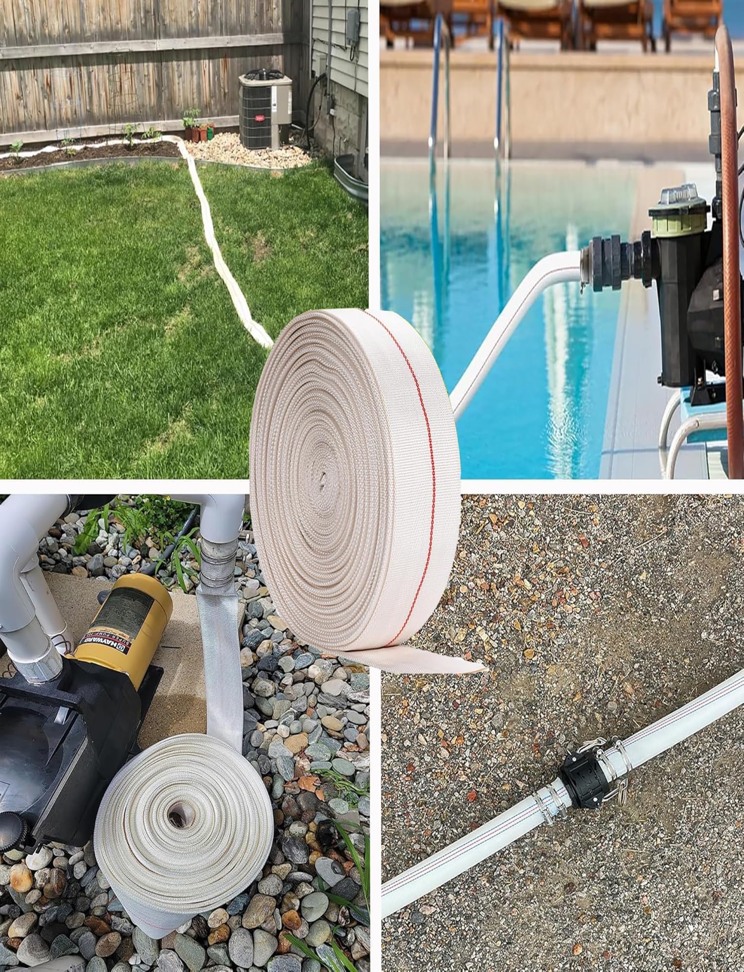 Manguera de Descarga Layflat, Manguera de retrolavado Piscina, Manguera contra Incendios Descarga Agua Plana, diámetro Interior 1 Pulgada con 2 Abrazaderas 10 a 100 m(20meter)