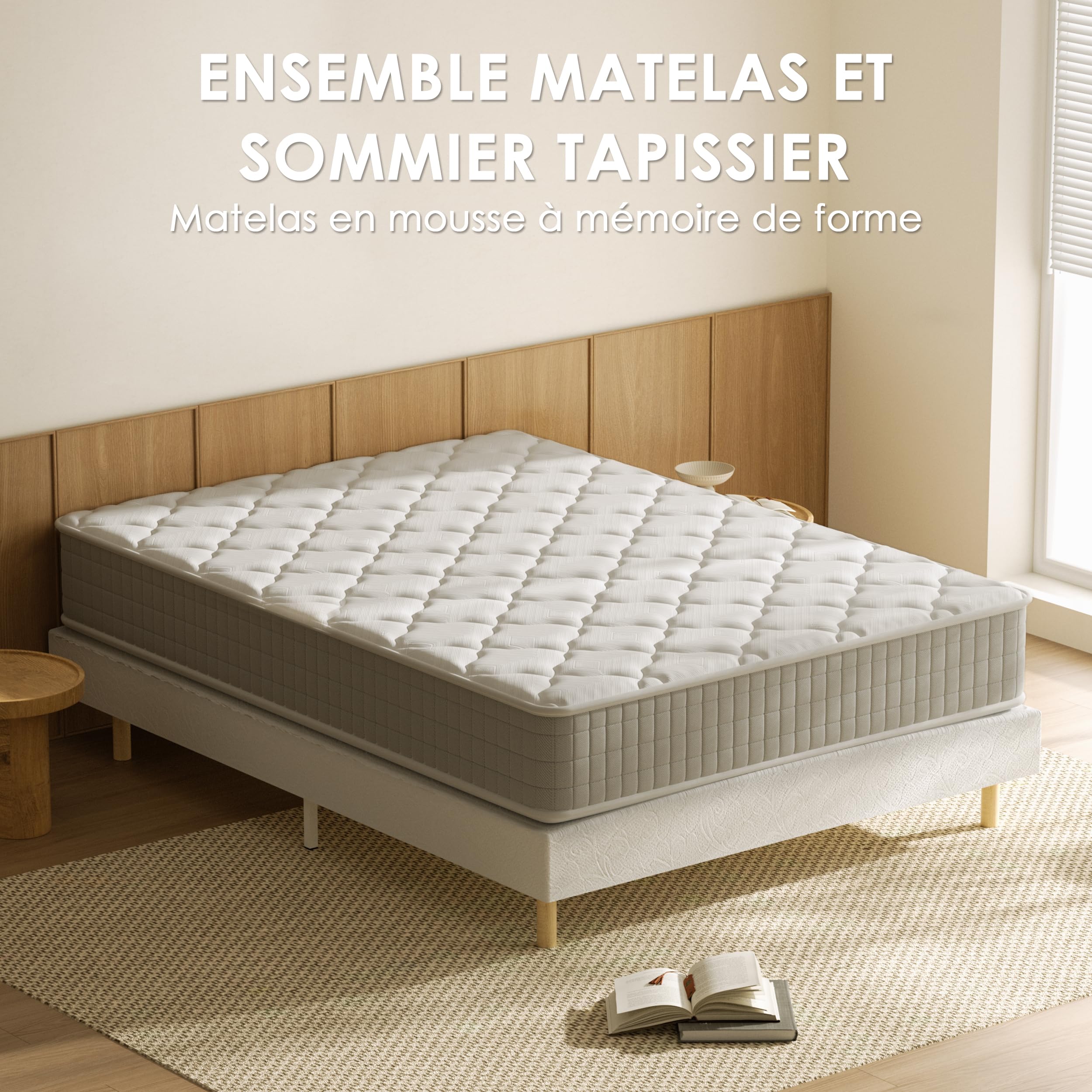 TEENO Ensemble Sommier et Matelas 140x200 cm, Lit 2 Personnes Complet avec Sommier Tapissier et Matelas Memoire de Forme, Confort, Respirant (Matelas 140x200x25+Sommier)