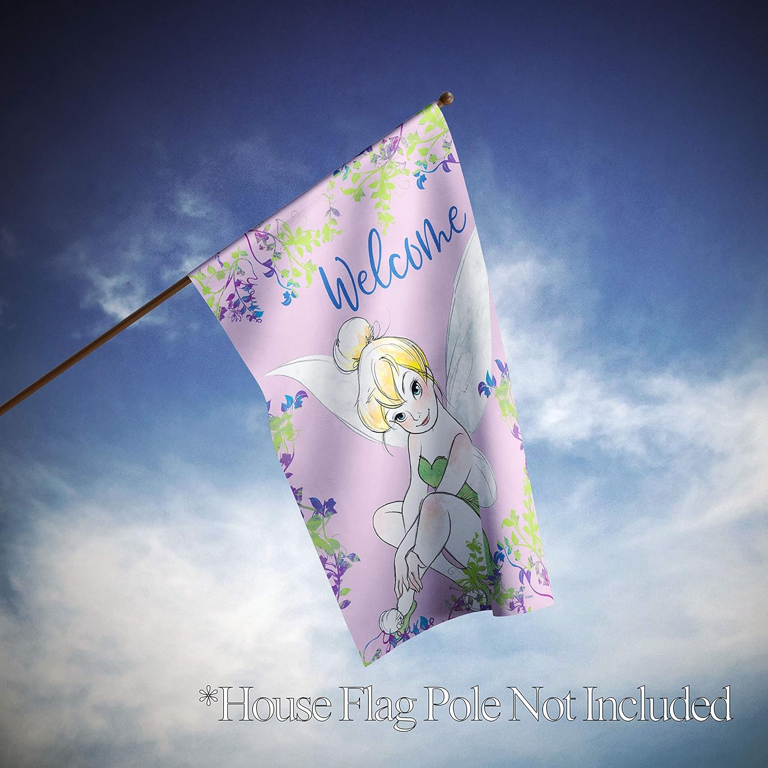 Flagology.com, Disney, Tinker Bell, Tinker Bell Welcome Spring Vines – House Flag – 28” x 40”, Outdoor/Indoor, Exclusive Premium Fabric, Officially Licensed Disney