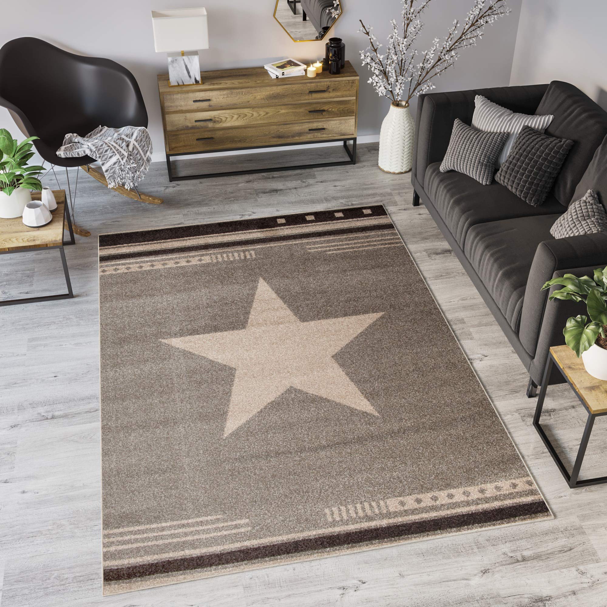 Tapiso Fume Star Maroko Area Rug Living Room Bedroom Kids Modern Star Fume Grey Beige Durable Carpet Size - 140 X 190 Cm (4Ft7 X 6Ft3)