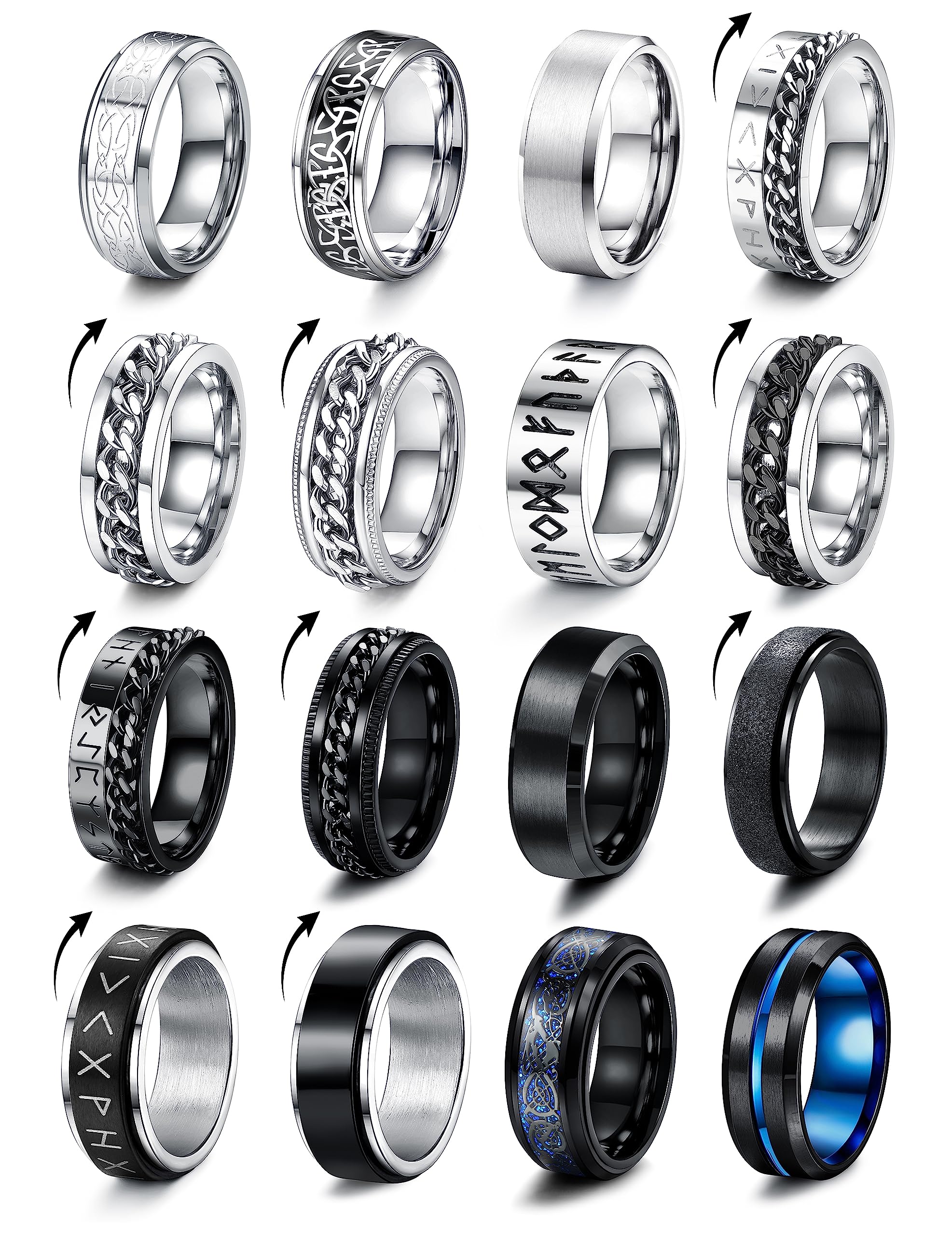 MILACOLATO 16 Pcs Anillos de Hombre Anillos de Cadena Torcida de Acero Inoxidable Anillos Spinner Mujeres Promesa de Banda Plata Cool para Hombres Tamaño 11.75-30