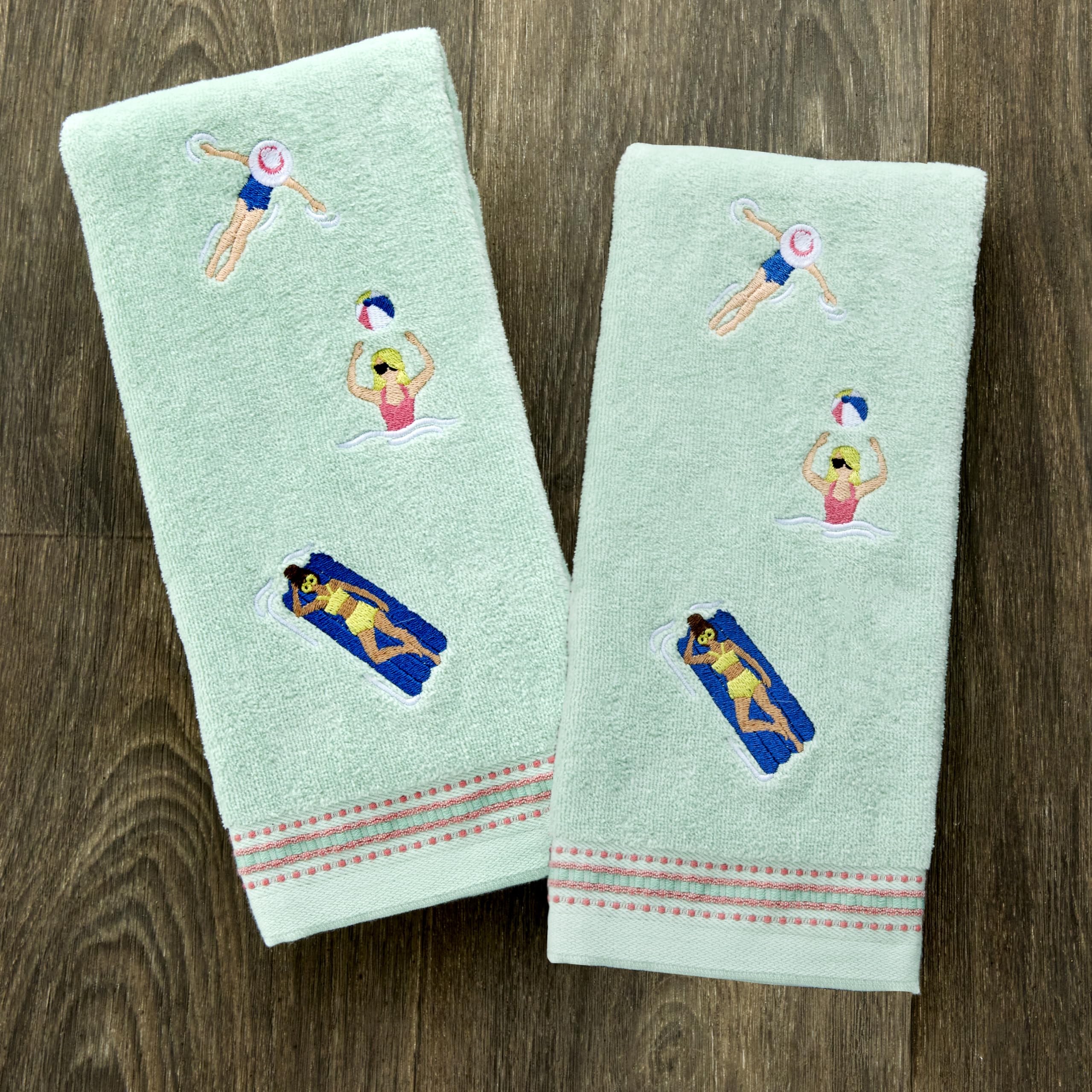 SKL Home Pool Party - Set di 2 asciugamani ricamati in 100% cotone, decorativi per bagno, cucina, bar, idea regalo, giada nebbiosa