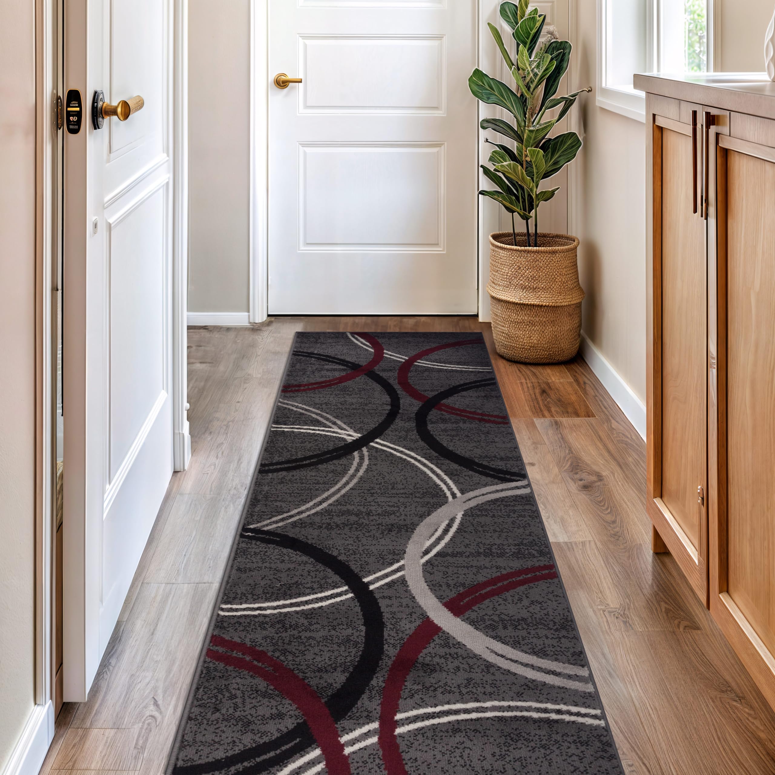 Rugshop Modern Wavy Circles Design Non-Shedding Runner Rug, Carpet for Hallway or Bathroom, Red, 2'7" x 6'