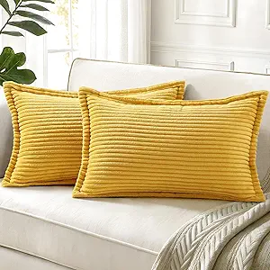 decorUhome Fall Corduroy Mustard Yellow Throw Pillow Covers 12x20 Set of 2 Decorative Soft Boho Striped Lumbar Neutral Euro Farmhouse Couch Pillow Cases with Broadside for Living Room Bed Sofa