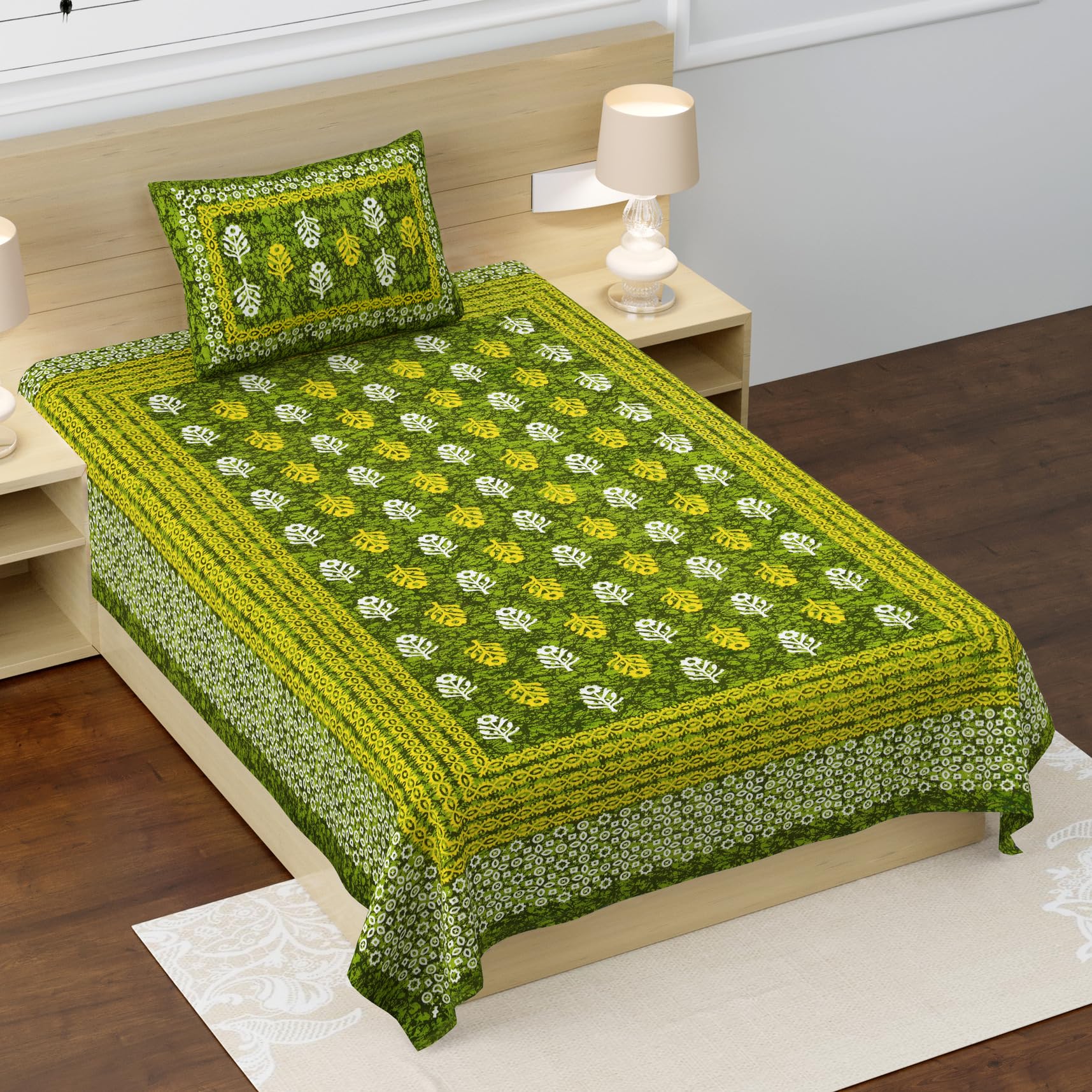 RajasthaniKart® Pure 100% Cotton Single Bed Sheet with 1 Pillow Cover (Bedsheet for Single Bed Cotton, Green Small Booty)