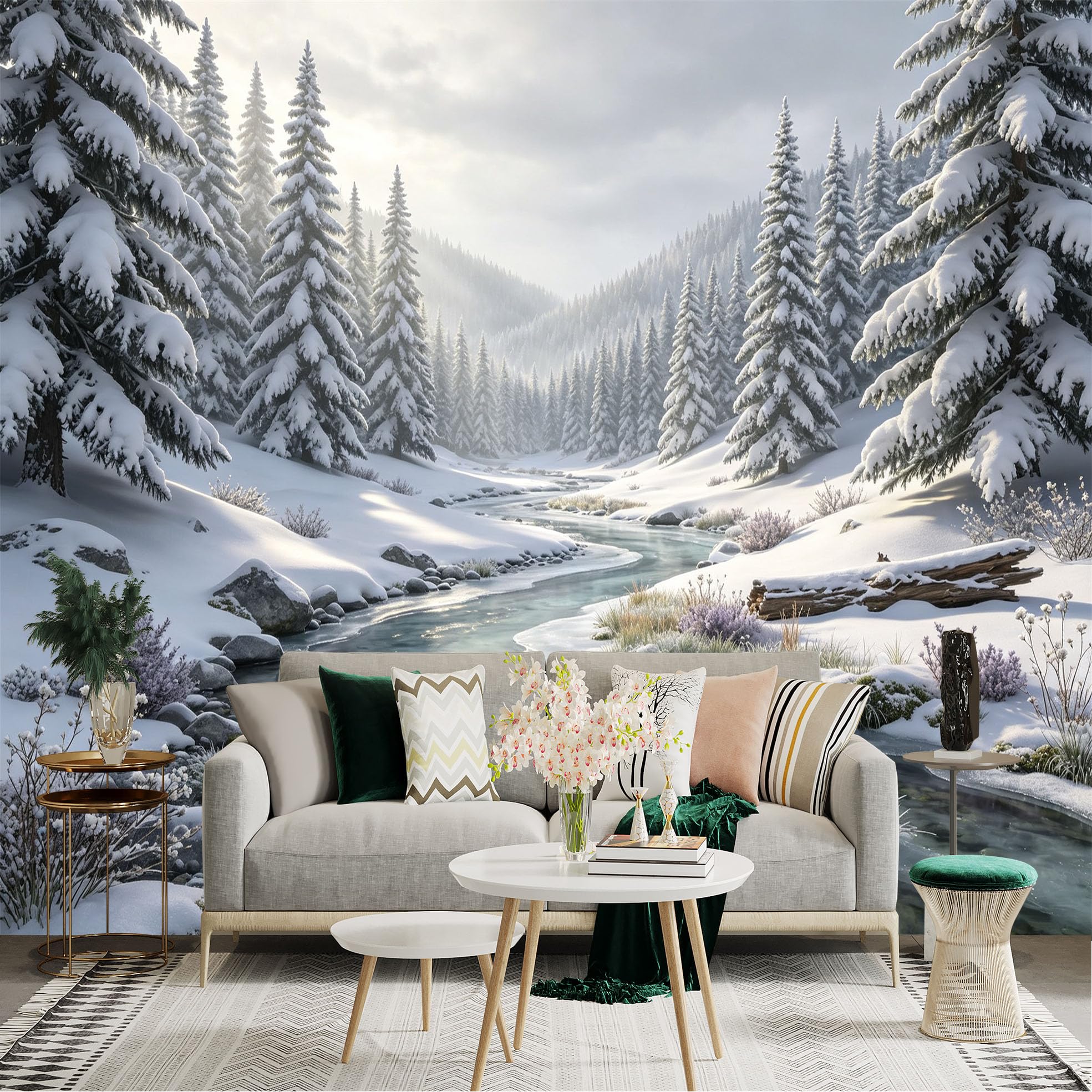 Lnzczhyre Bh260719351 Custom Size Wall Sticker Mural， Snowy Forest With Frozen River， Winter Landscape， Tranquil Nature Scene， For Wall Decoration， Peelandstick Wall Decals.