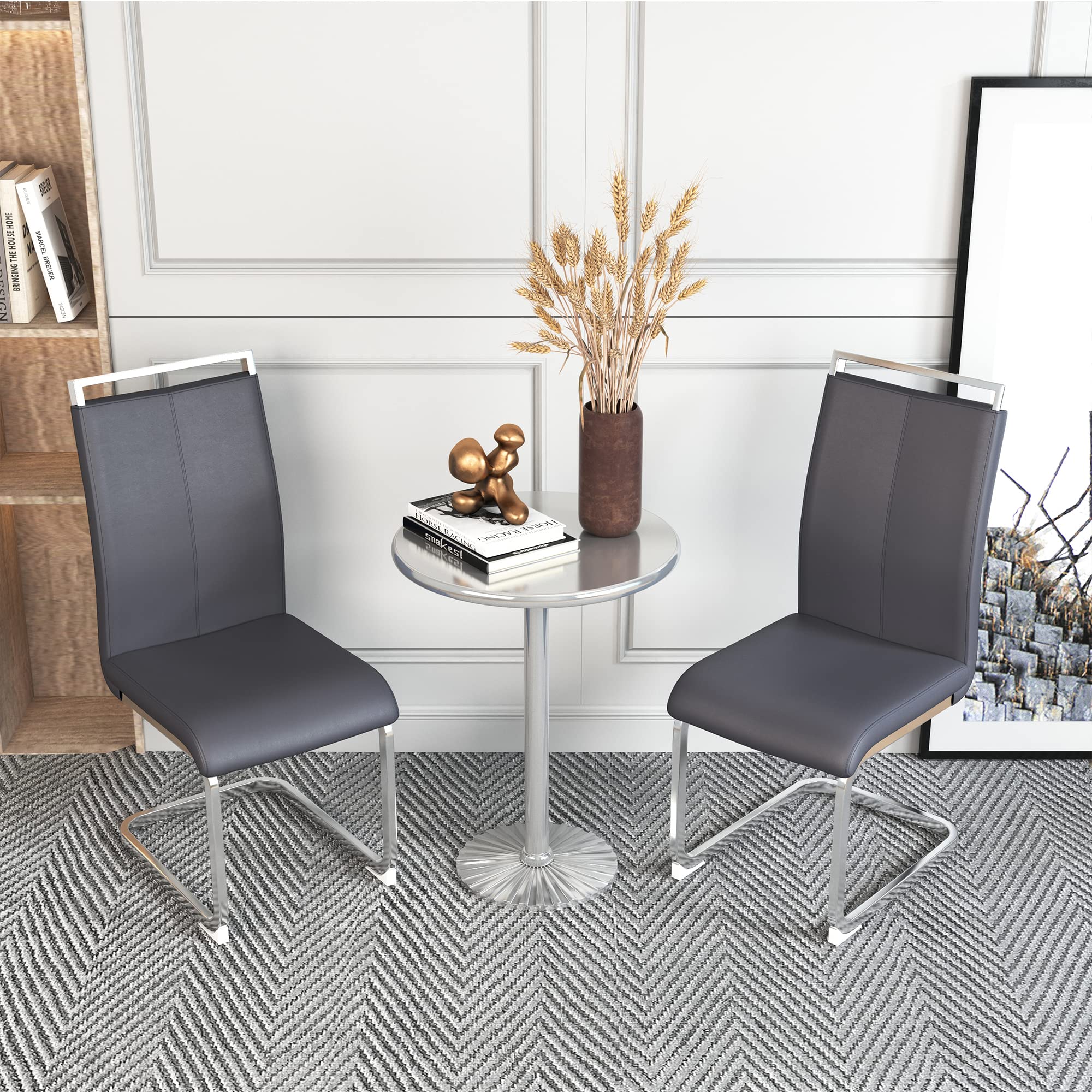 HomVent Armless Dining Chairs with Carved High Back,Upholstered PU Leather Side Chairs with Black/Silver Metal Chrome Legs,Kitchen Chairs Set of 4