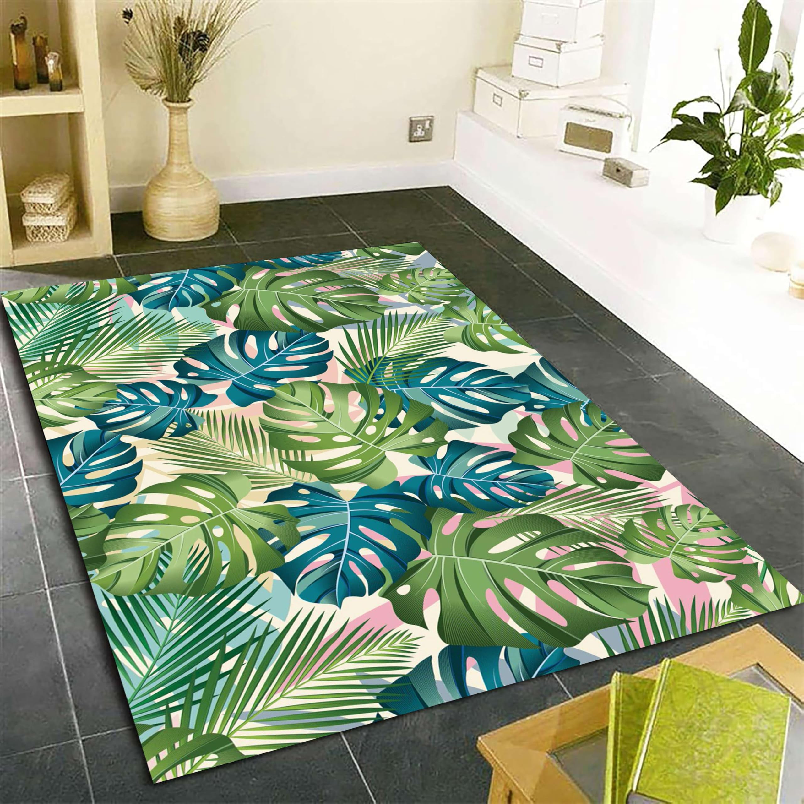 SOJAWA Banana Leaf Area Rug, 180x230cm Blue and Green Monstera Printed Rugs, Colorful Plant Theme Room Decor Washable Carpet, Suitable for Apartment Dormitory Office Durable Carpets