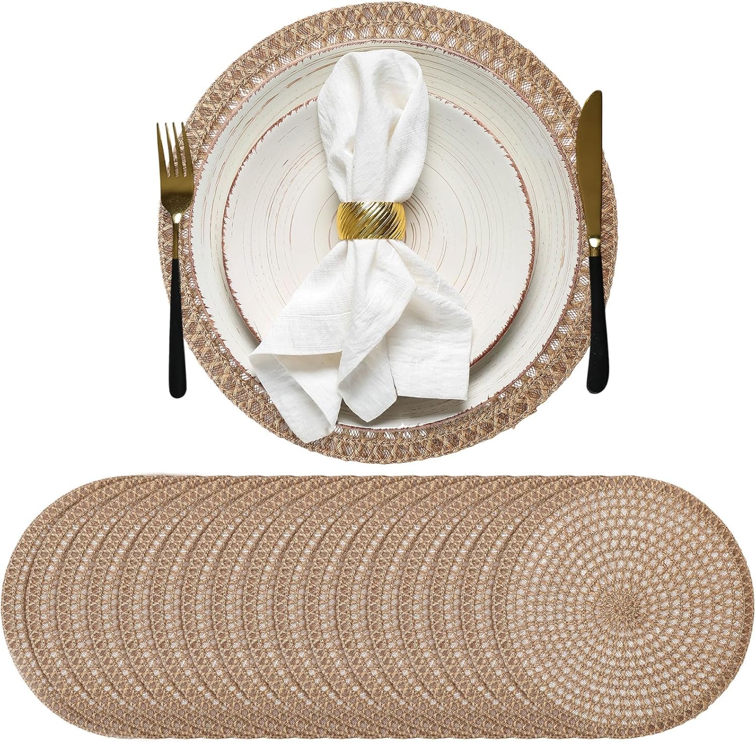 24 Pcs 12 Inch Round Burlap Placemat Boho Jute Woven Charger Rustic Vintage Brown Heat Resistant Dining Table Mat for Home Wedding Craft Farmhouse Outdoor Birthday Bridal Party Decoration
