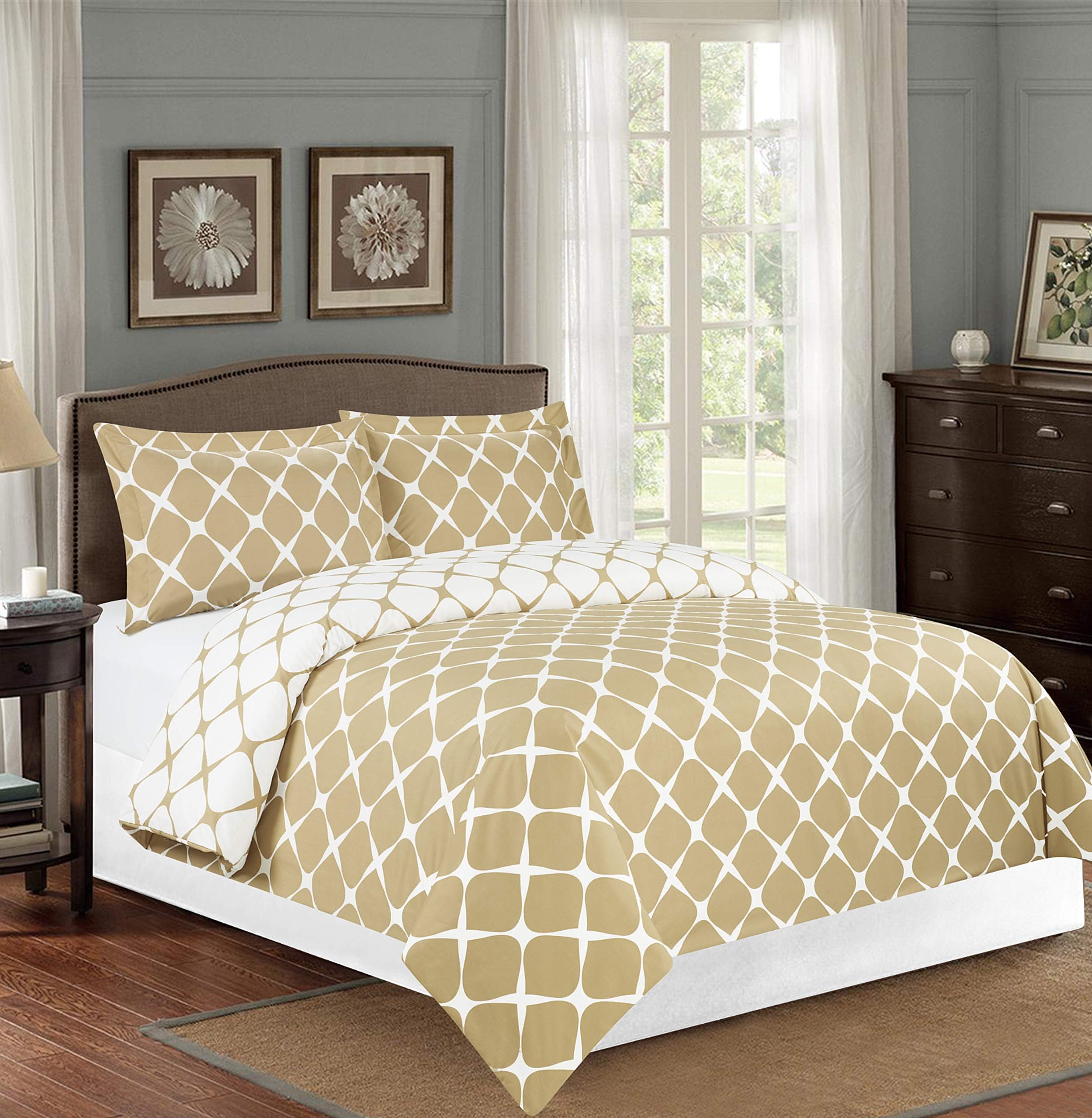 Elegant Comfort Luxury Soft and Cozy 1500 Thread Count Premium Hotel Quality 2-Piece Milano Trellis Pattern 2-Tone Printed Reversible Duvet Cover Set with Sham, Twin/Twin XL, Cream