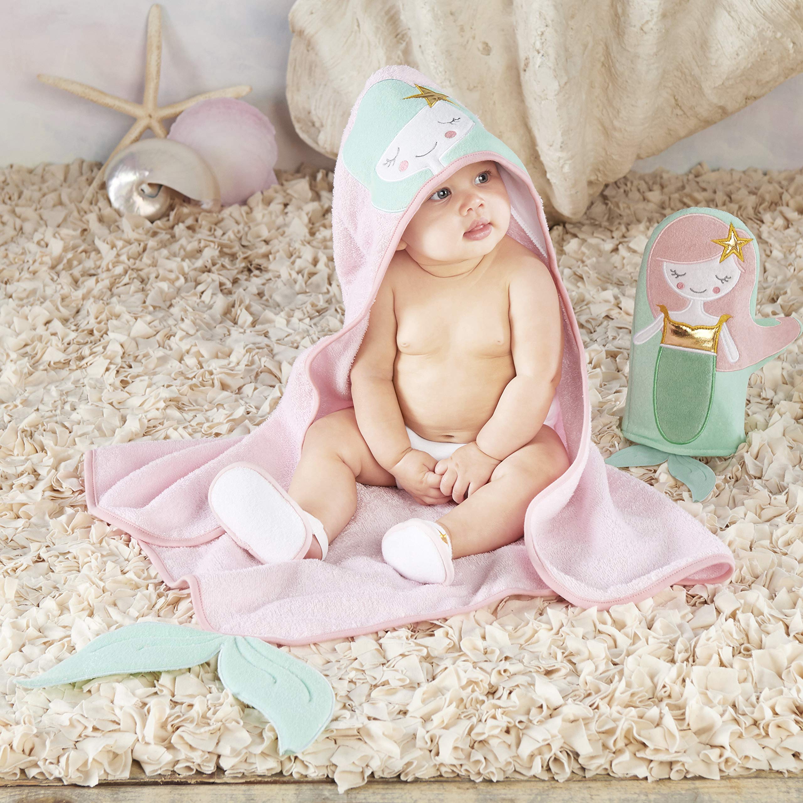 Baby Aspen Simply Enchanted Mermaid - Juego de Accesorios de baño (4 Piezas), Color Rosa, Menta, Dorado y Blanco