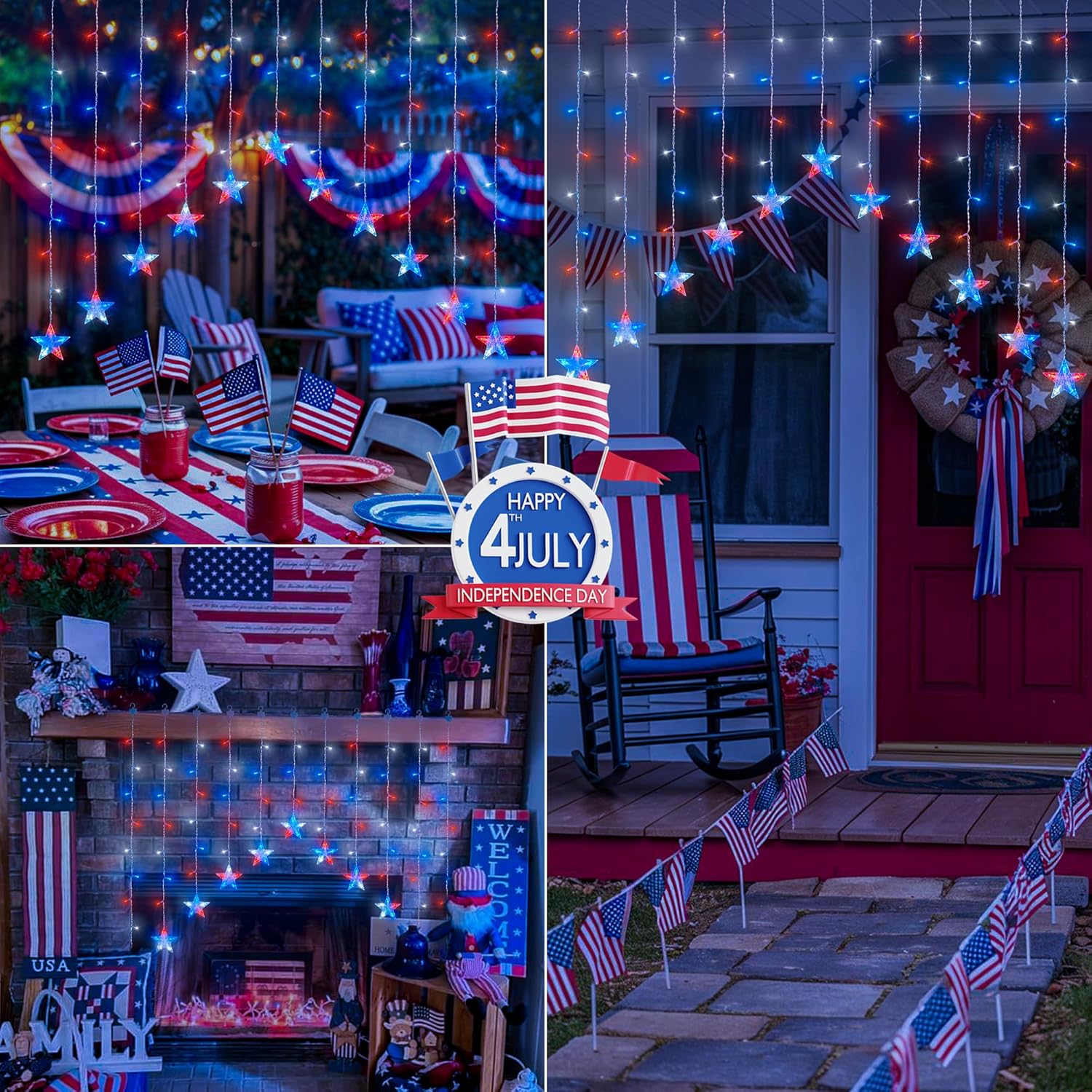 woohaha 4th of July Patriotic Star Icicle Lights,118LED Red White and Blue Curtain Window Lights,Connectable Star String Light Plug in for Independence Day,Garden,Fourth of July Decorations